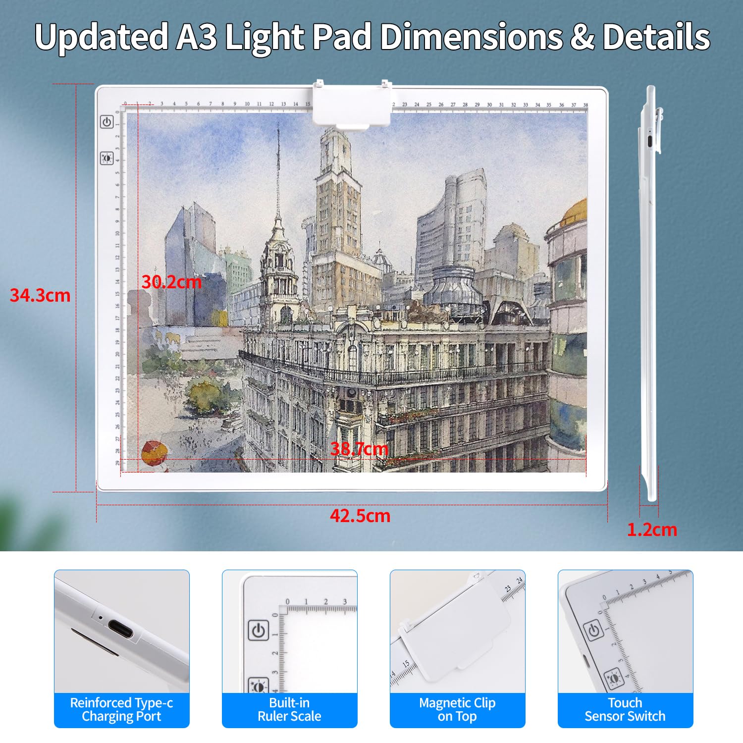 Elite Rechargeable A3 LED Light Pad with Carry Bag, Top Clip & Foldable Stand - 3 Colors, 6 Brightness Levels, Stepless Dimming - Wireless Tracing Light Box for Diamond Painting, Cricut Weeding, Vinyl Cutting & Crafting (White) - Perfect for Artists, DIY Enthusiasts & Hobbyists