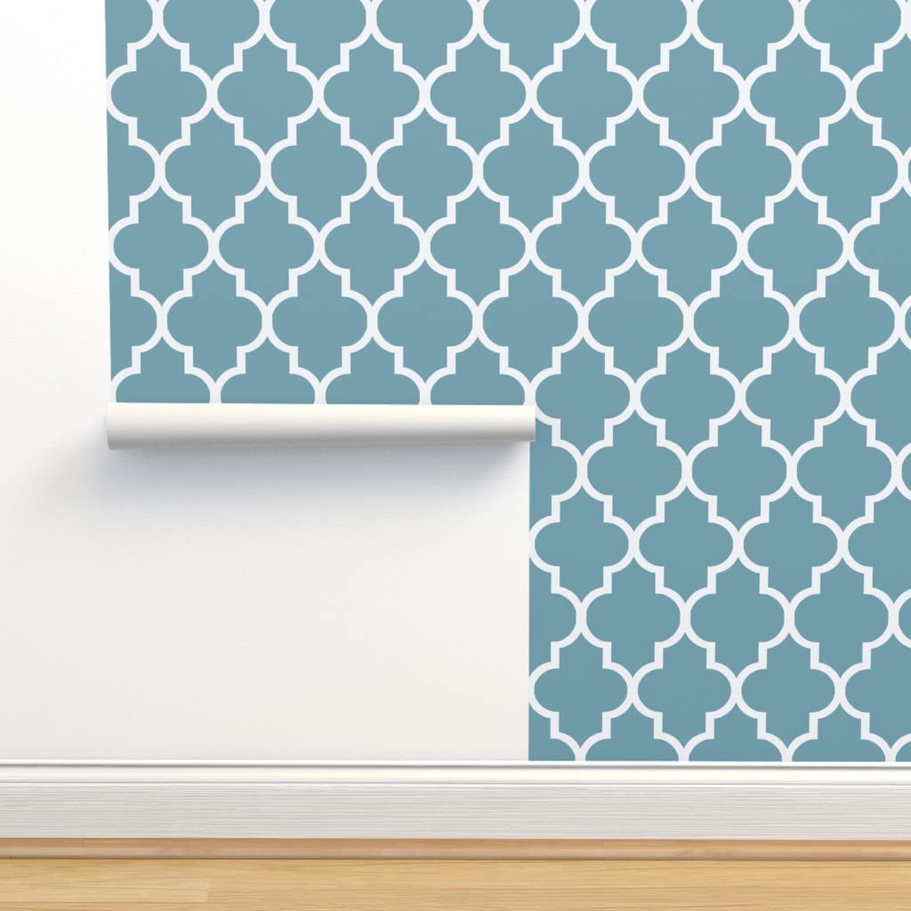 Removable Wallpaper Swatch - Blue & White Geometric Quatrefoil Sea Ogee Trellis Lattice Design | Pre-Pasted Peel & Stick Wallpaper by Spoonflower | Perfect for Nursery, Bedroom, and Home Office Decor