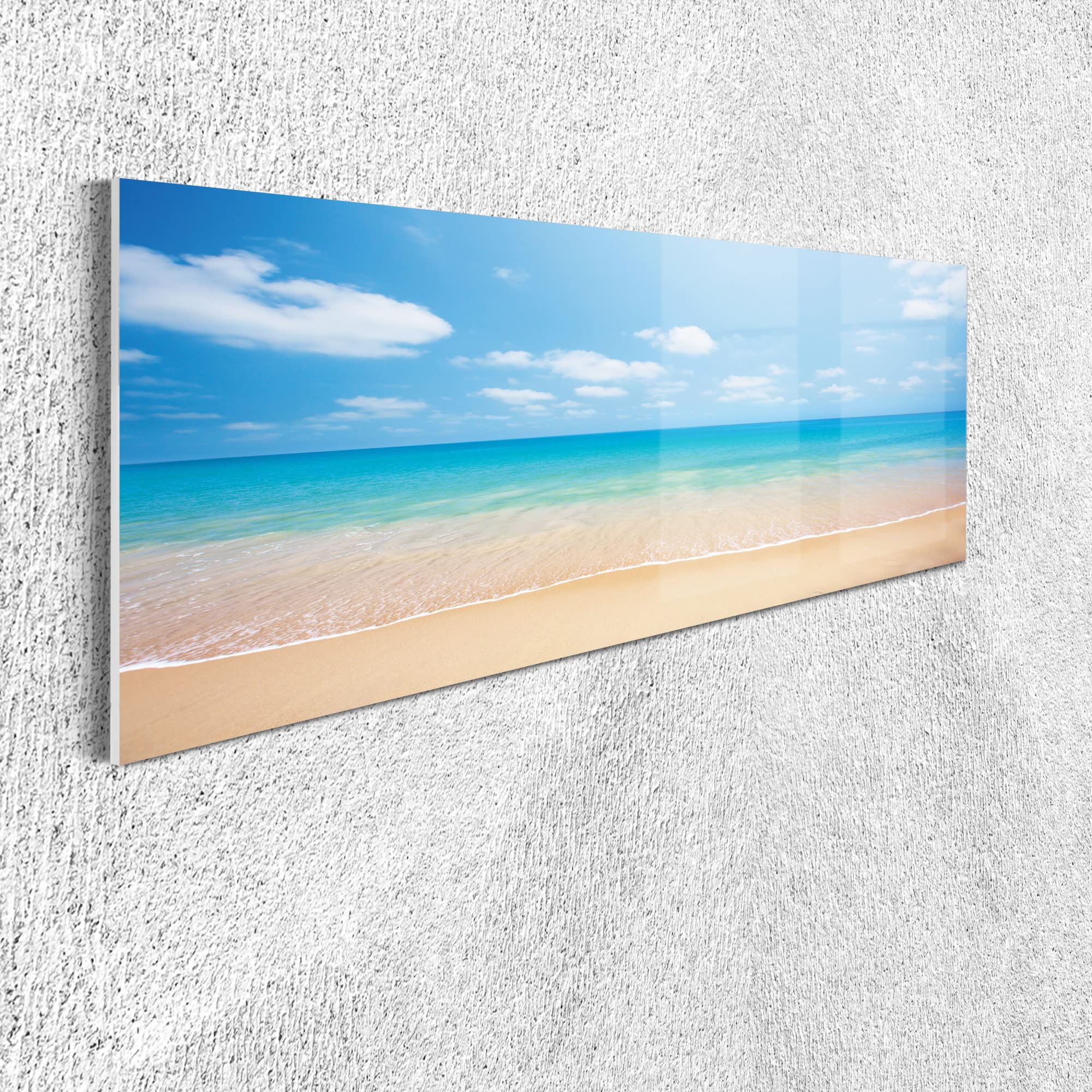 Ambesonne Ocean Acrylic Glass Wall Art - Tropical Coastal Landscape with Soft Waves & Sunny Sky - 47x16 Inch Panoramic Beach Decor for Living Room, Bedroom & Dorm - Beige Blue Seascape Painting - Perfect for Beach House, Vacation Home & Coastal Themed Interiors