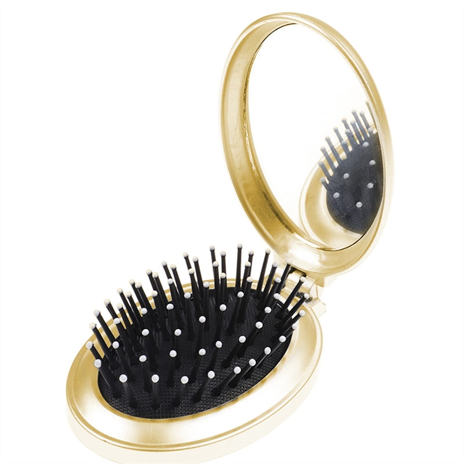 Gold Folding Pocket Hairbrush - Travel Mirror Comb for Hair Care & Massage | Portable Small Round Hair Brush for On-the-Go Styling (Perfect for Travel, Gym, Office & Daily Use)