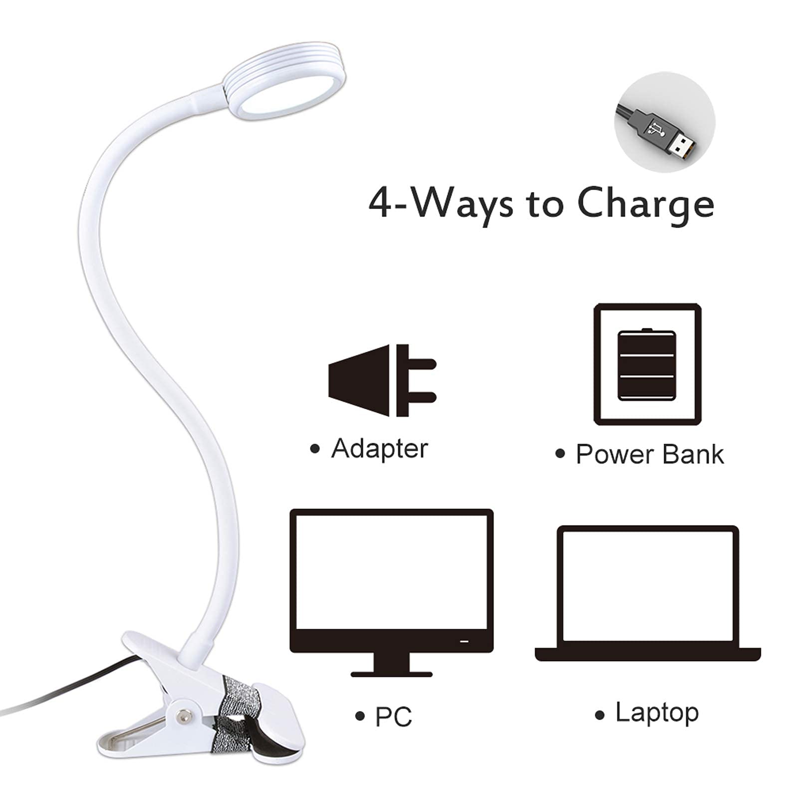 LEPOWER Clip On Reading Light - Adjustable Color Changing LED Desk Lamp for Books, Computers & Bed Headboards, Includes Adapter (White) | Perfect for Night Reading, Home Office & Dorm Room Study