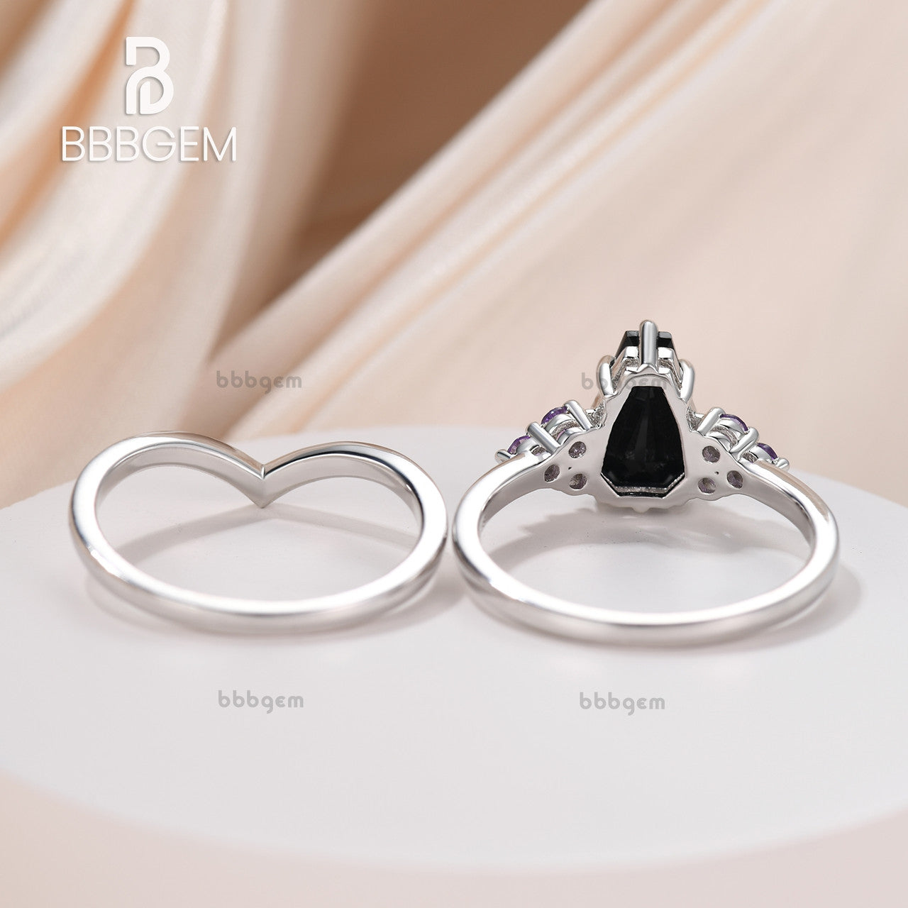 Black Onyx Coffin Promise Ring with Amethyst Side Stones - Engraved White Gold Nesting Band - Gothic Jewelry for Women, Couples & Alternative Fashion Lovers