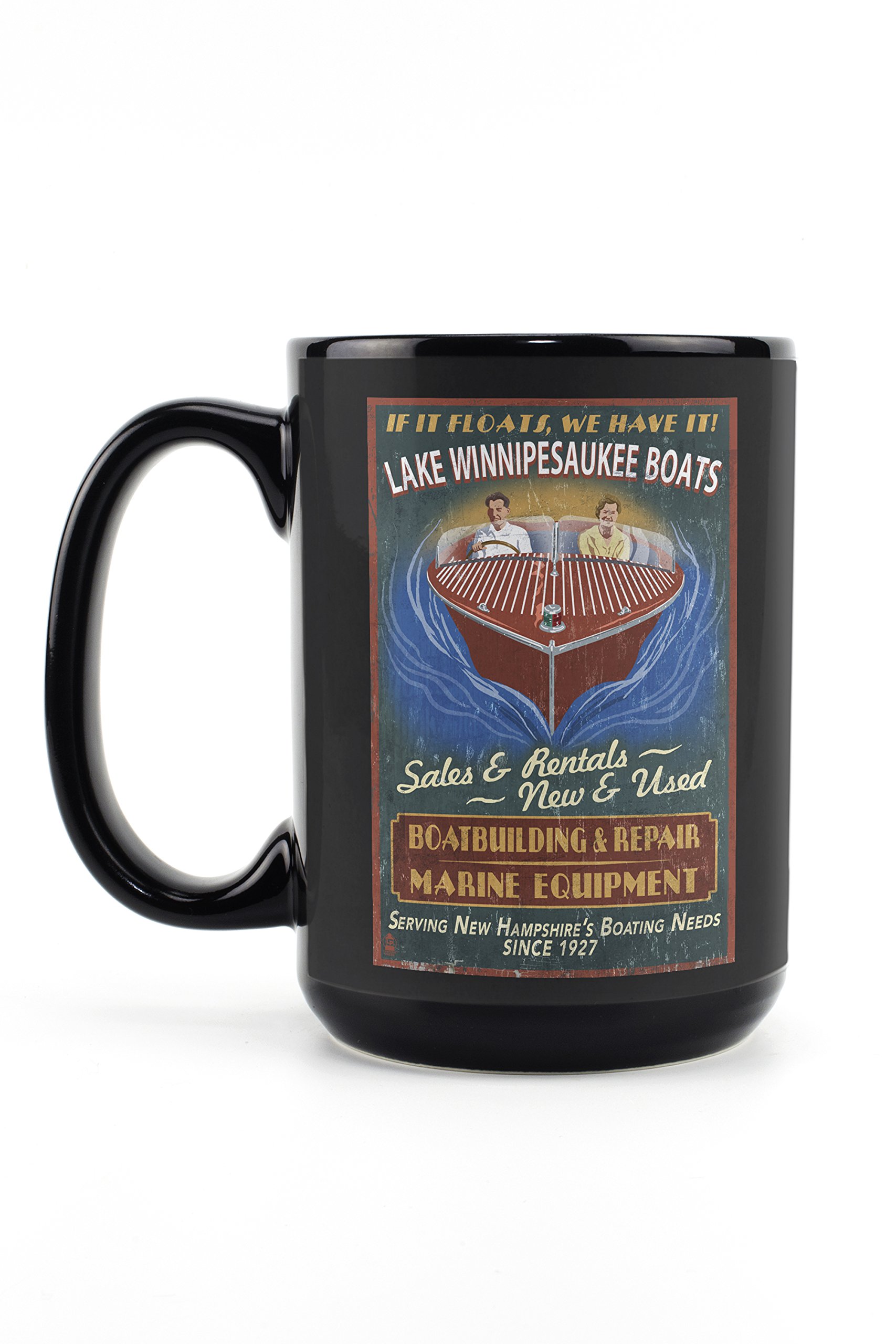Vintage Lake Winnipesaukee New Hampshire Boat Sign Mug - 15oz Black Ceramic Coffee & Tea Cup - Dishwasher & Microwave Safe - Perfect for Camping, Boating & Lakeside Relaxation