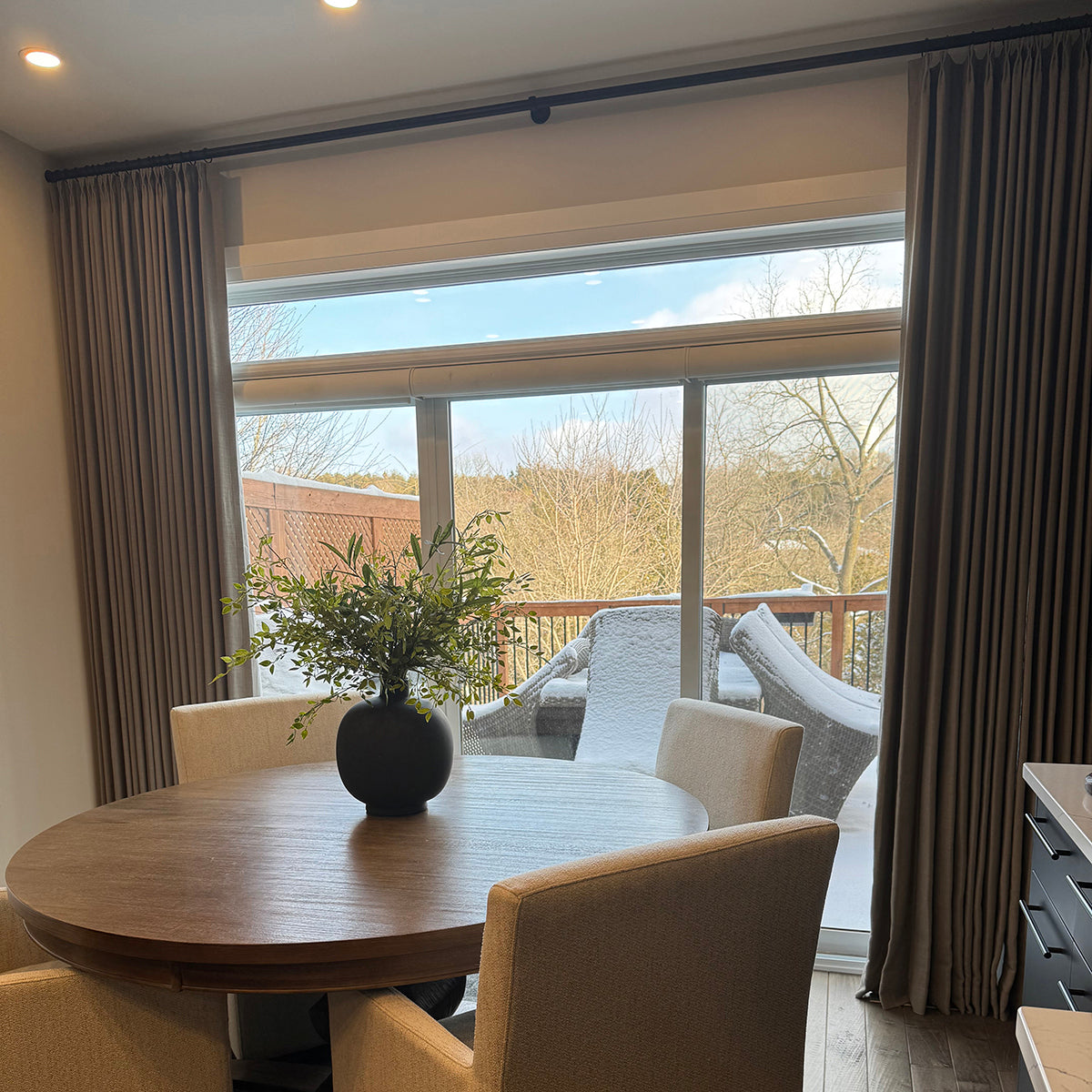 Pinch Pleated Blackout Curtains - Linen Memory Fabric, Natural Oak & Dim Grey - Modern Custom Drapes for Living Room & Bedroom - Light Blocking & Noise Reducing Window Treatments