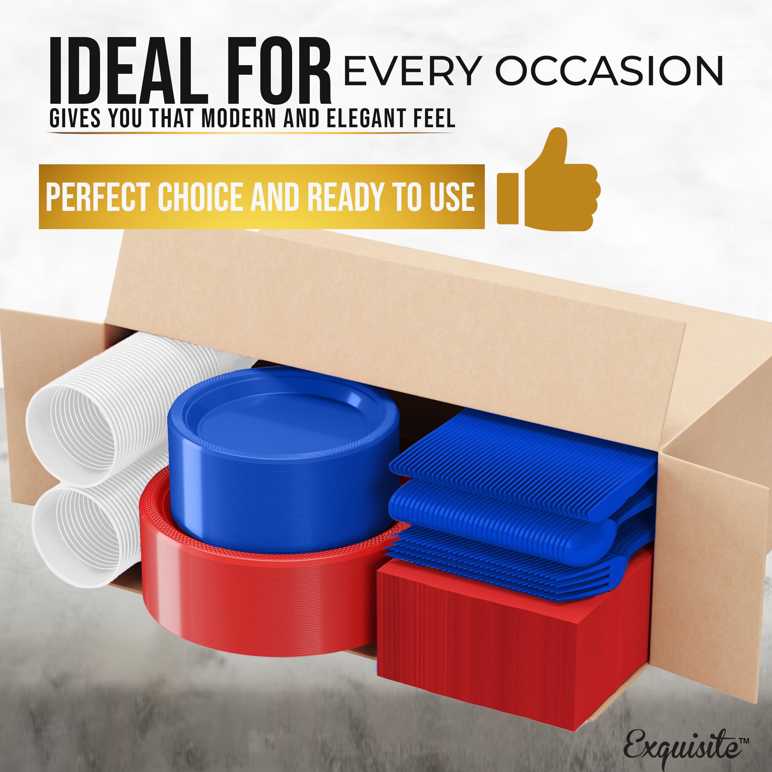 4th of July Party Supplies Set - 350 Pcs Red White & Blue Patriotic Dinnerware Kit with 9