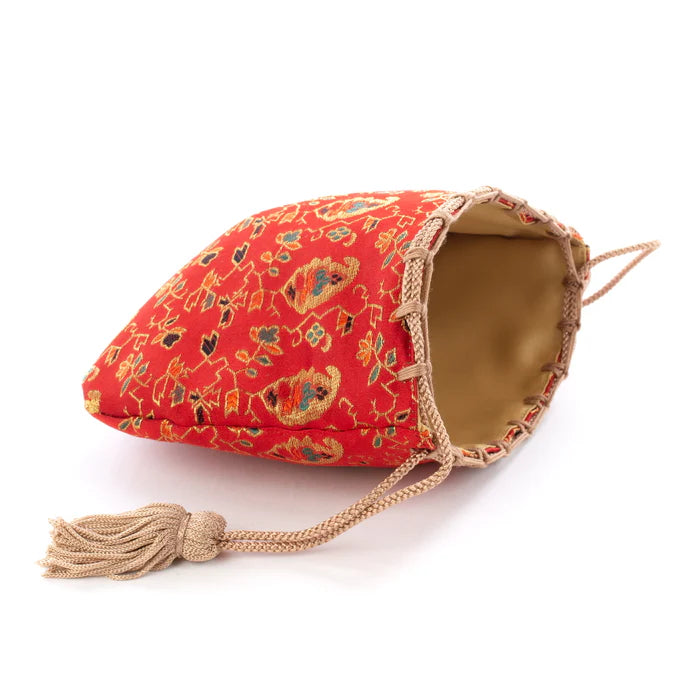 Nishijin Ori Small Drawstring Bag - Handmade Kyoto Japanese Traditional Craft Purse with Floral, Fruit & Tree Patterns (Red) | Perfect for Gift, Cosmetics & Jewelry Storage