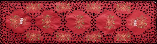 Holiday Christmas Embroidered Poinsettia Table Runner 15x53 Inches - Red and Gold Festive Dining Table Decor for Christmas Party, Buffet, and Home Decoration