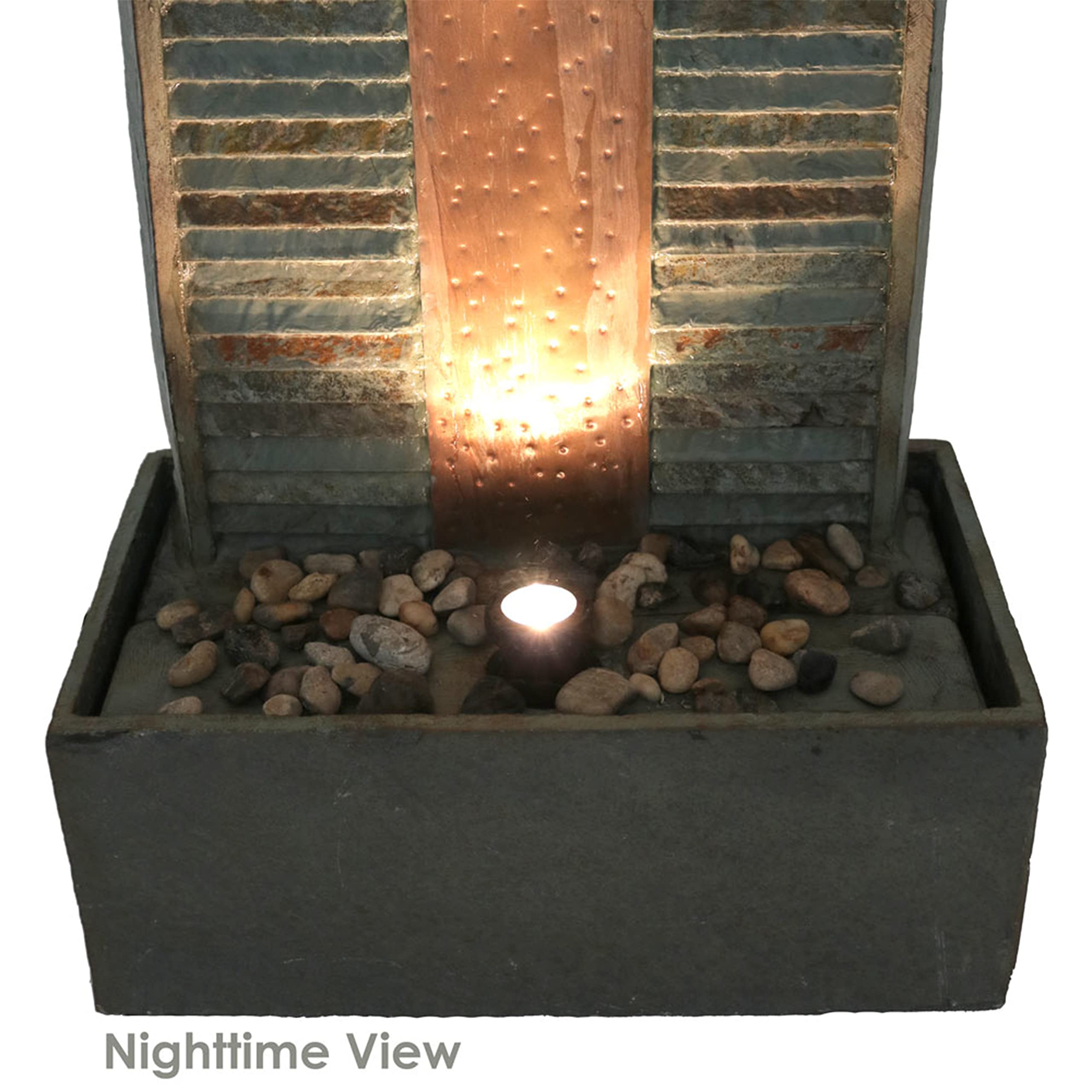 Sunnydaze 48-inch Rippled Slate Outdoor Water Fountain with LED Lights - Copper Accented Garden Water Feature for Patio, Deck, Backyard | Relaxing Ambient Decor for Outdoor Living Spaces
