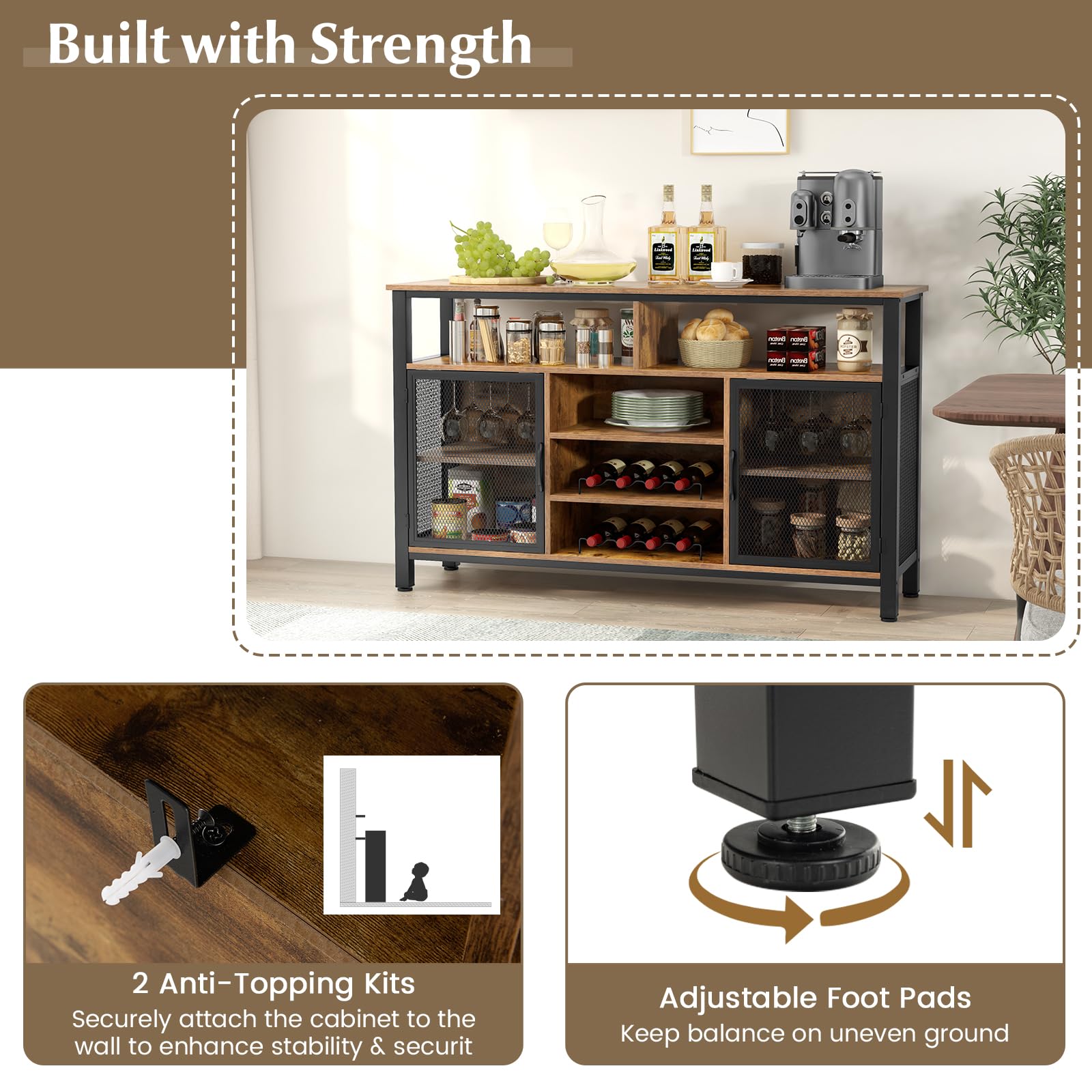 LOKO Wine Bar Cabinet with 8-Bottle Wine Racks & Glass Holders - Kitchen Buffet Sideboard, Coffee Bar Cabinet with Storage, Liquor Cabinet & TV Stand for Dining Room & Living Room - Perfect for Entertaining Guests, Storing Beverages & Enhancing Home Decor (Brown)