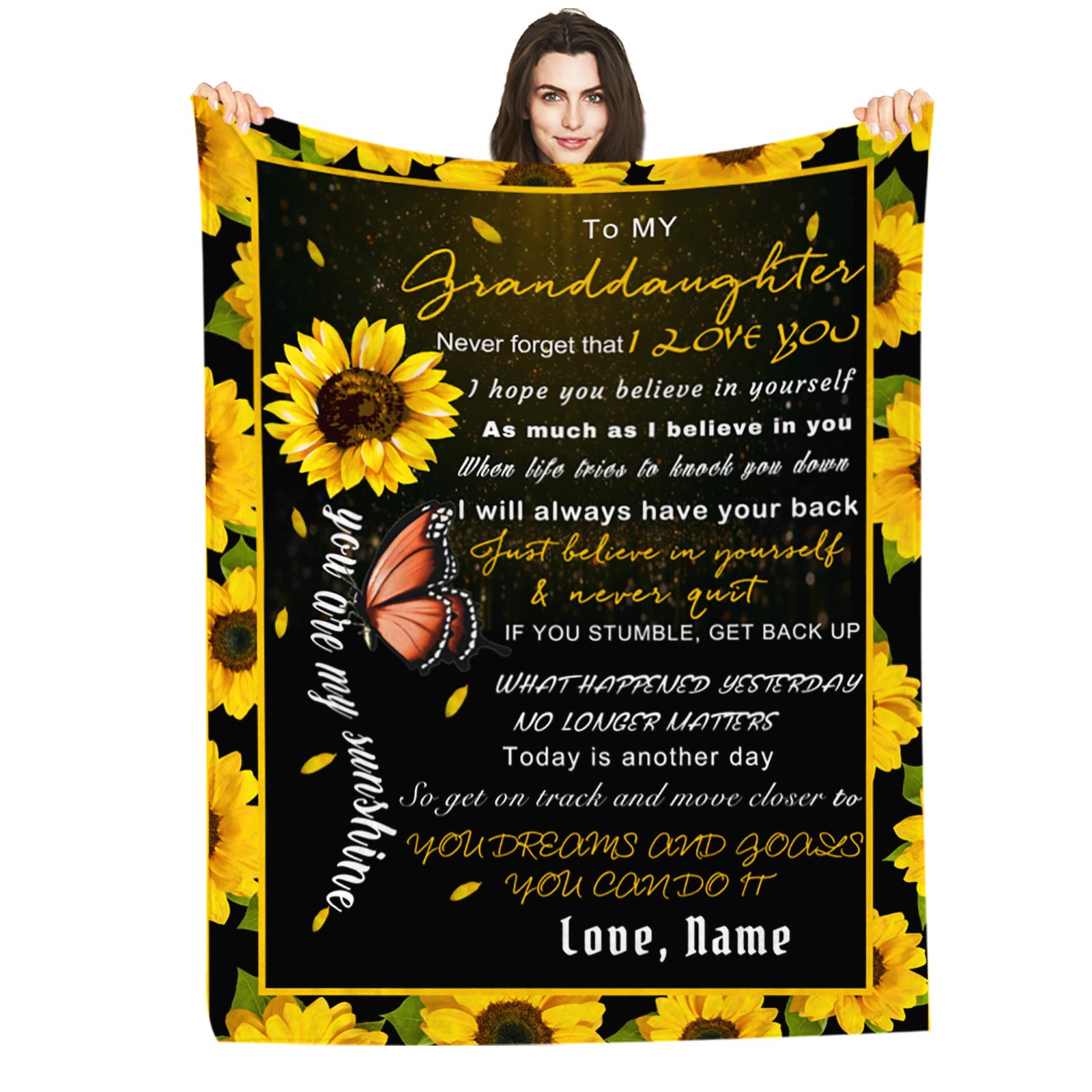 Personalized Custom Name Blanket - Love Letter to My Granddaughter from Grandpa & Grandma - Butterfly Sunflower Design - 50x60 Inches Soft Fleece Throw Blanket - Perfect for Birthday Gifts, Nursery Decor, and Cozy Family Moments