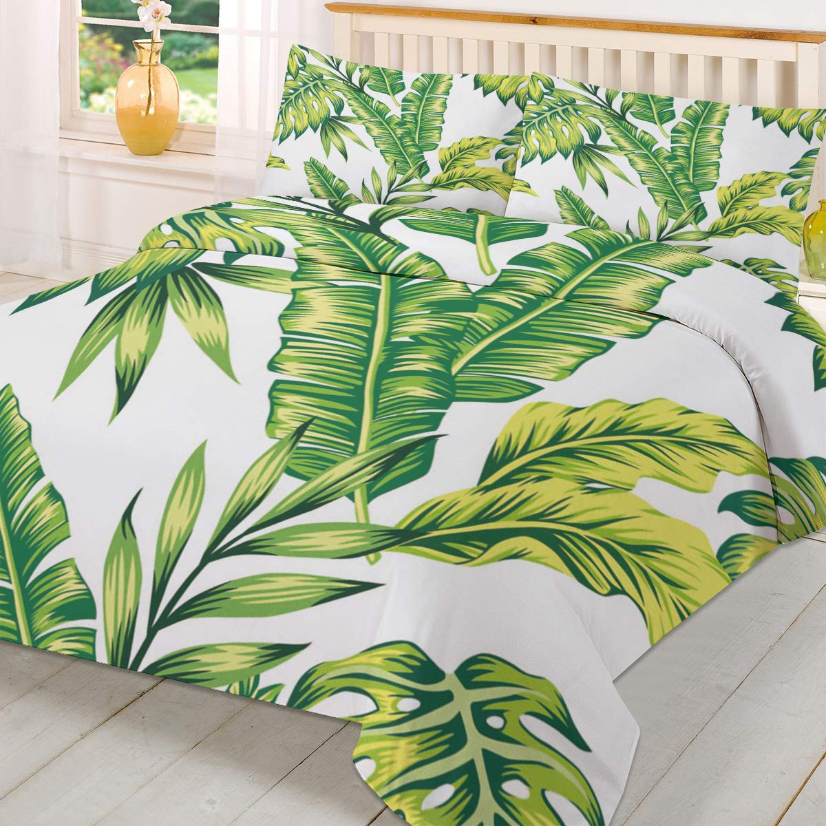 FAMILYDECOR Modern Reversible Duvet Cover Set - 3 Piece Hotel Quality Luxury Bedding Collection with Tropical Green Banana Leaf Design | Twin Size Comforter Cover for Guest Room, Vacation Home & Bedroom Decor