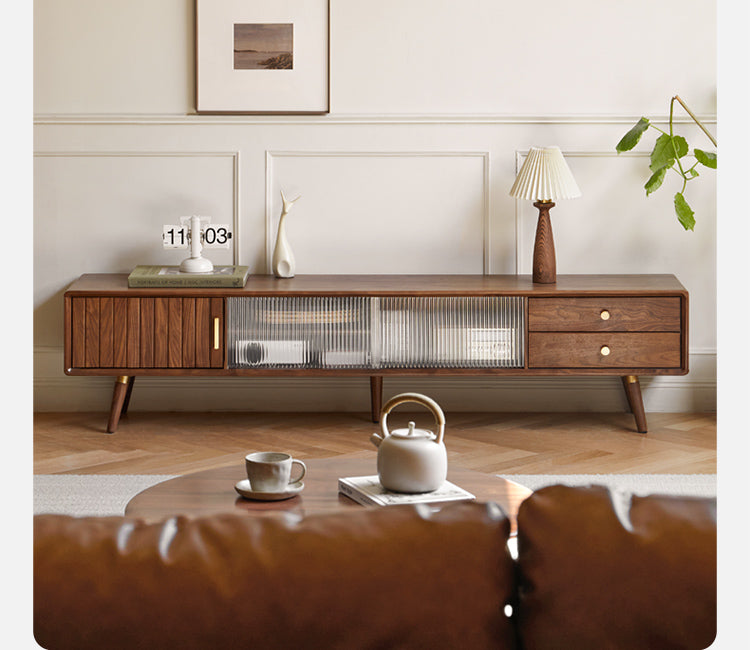 Premium Black Walnut Solid Wood TV Stand - Modern Entertainment Center for Living Room, Bedroom & Home Theater