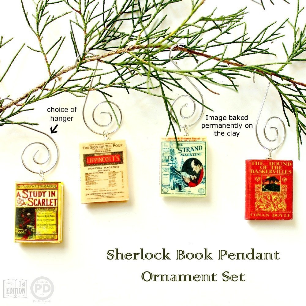 Sherlock Holmes Polymer Clay Mini Book Pendant Ornaments - 4 Piece Set - First Edition - Handmade Book Beads Jewelry - Perfect for Book Lovers, Gifts & DIY Crafts