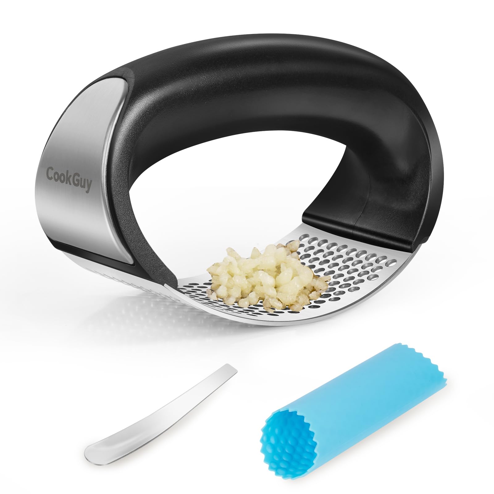 Premium 304 Stainless Steel Garlic Press Rocker Set - Heavy Duty Garlic Mincer, Crusher & Peeler with Comfortable Grip - Kitchen Gadget for Effortless Chopping, Slicing & Cooking - Perfect for Italian Pasta, Stir Fry & Homemade Sauces (Silver)