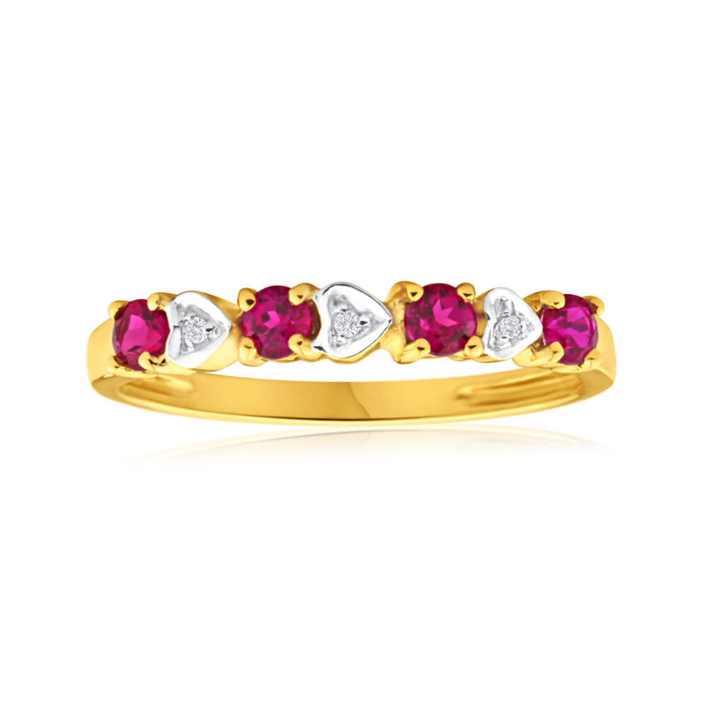 9ct Yellow Gold 4 Created Ruby & 3 Diamond Ring - Elegant Wedding Band, Anniversary Gift for Her, Perfect for Special Occasions & Everyday Wear