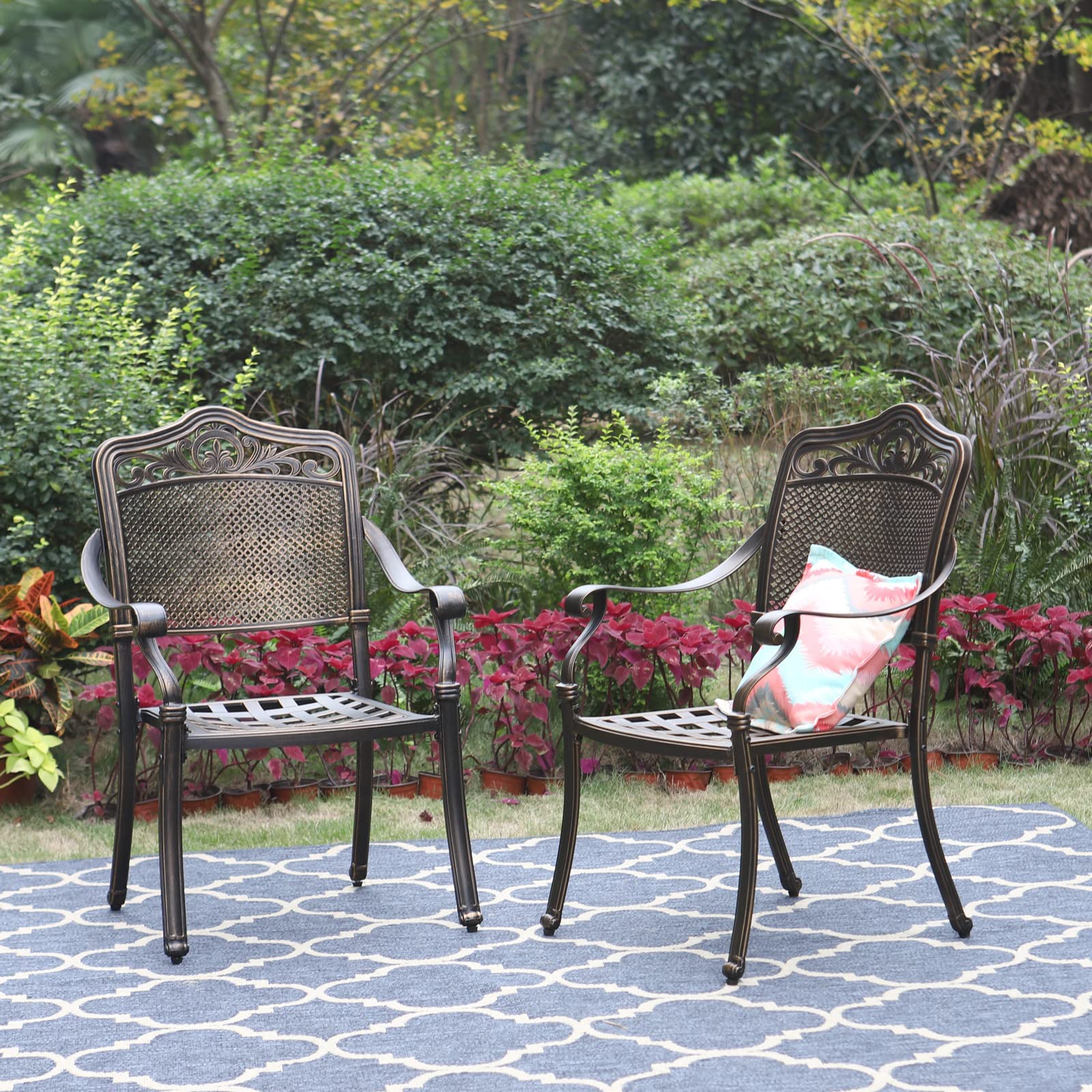 PHI VILLA Patio Dining Chairs Set of 2 - Weather-Resistant Cast Aluminum Outdoor Bistro Chairs with Curved Armrests - Golden Bronze Patio Furniture for Deck, Balcony, Garden & Backyard Dining