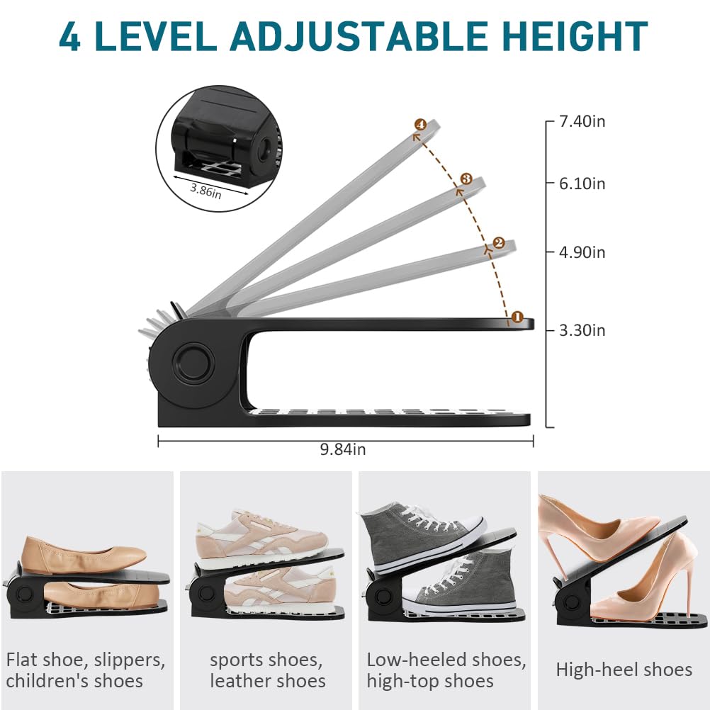 Double Deck Shoe Organizer - No Assembly Required Adjustable Shoe Stacker for Closet Storage (16 Pack, Black) | Space Saving Shoe Rack Holder for Pairs of Shoes | Perfect for Closet Organization & Small Space Storage Solutions