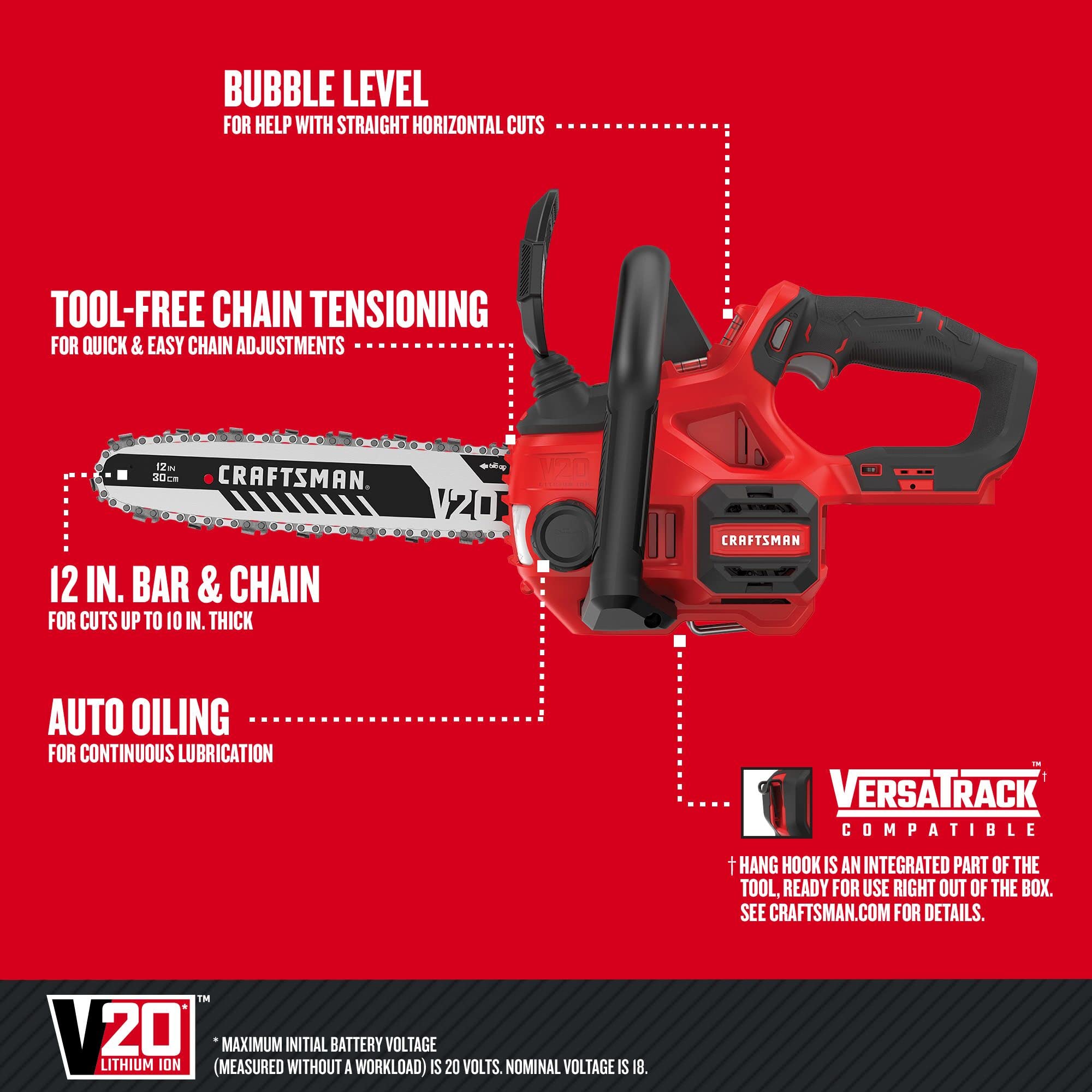 CRAFTSMAN V20 12-Inch Cordless Mini Chainsaw - Bare Tool (CMCCS620B) | Perfect for Tree Trimming, Pruning & DIY Woodworking Projects