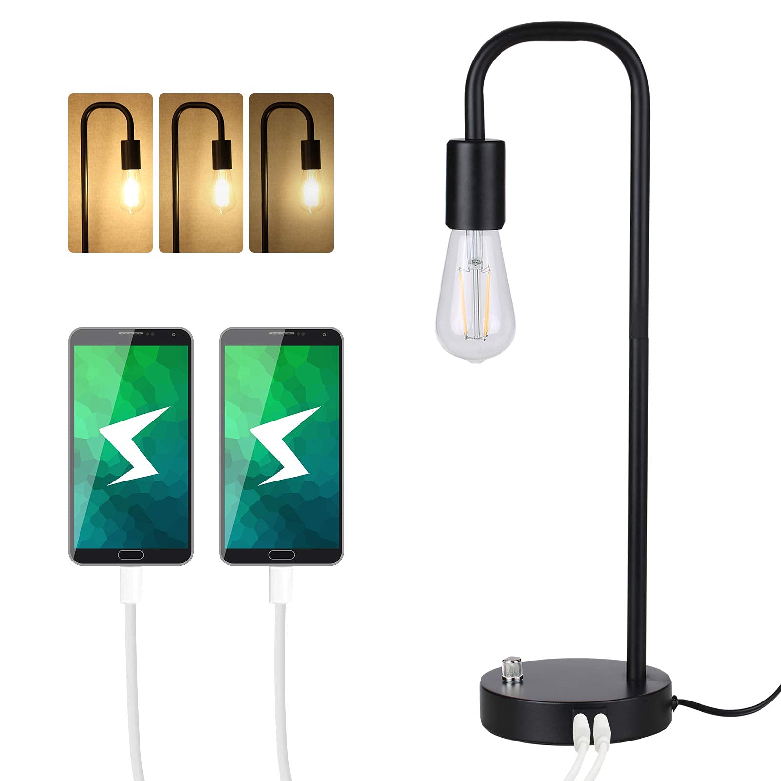 Modern Industrial Table Lamp with Stepless Dimming & Dual USB Ports - USB Bedside Lamp for Bedroom, Nightstand, Office - LED Bulb Included (Perfect for Reading, Working & Charging Devices)
