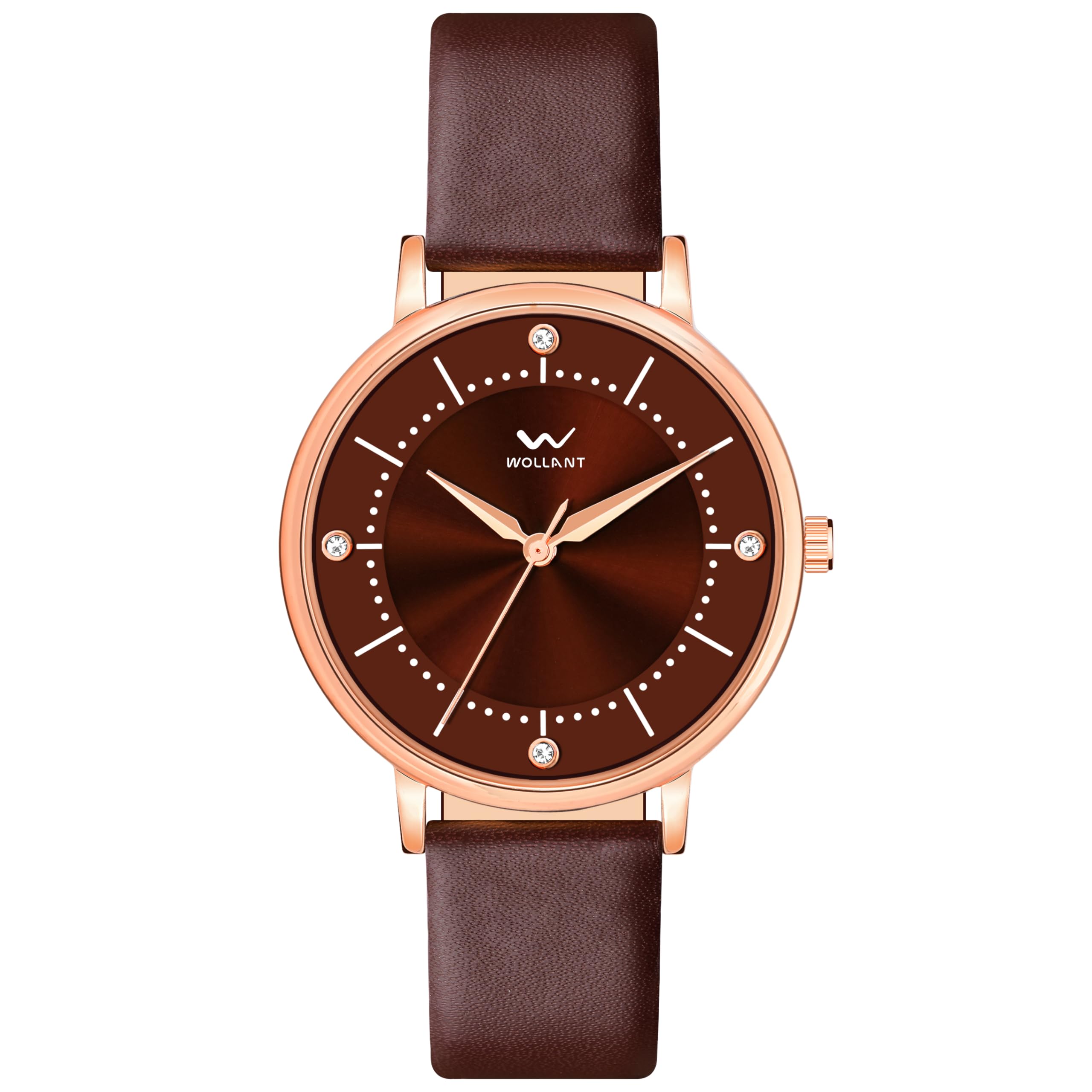 Wollant Women's Diamond Watch - Rose Gold/Silver Leather Strap for Office & Party
