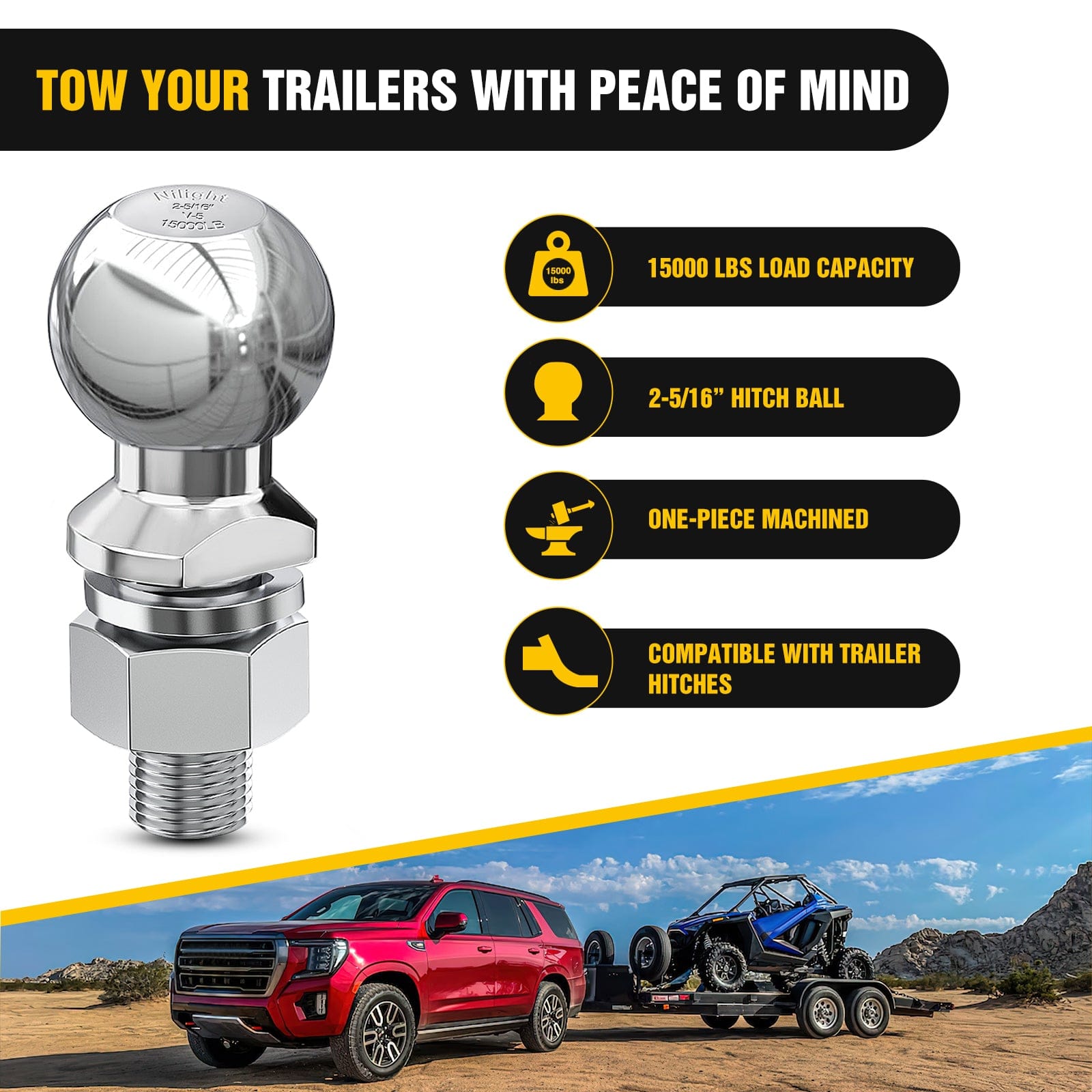 2-5/16 Inch Chrome Trailer Hitch Ball with 1-1/4 Inch x 2-5/8 Inch Shank - Universal Fit for Trucks, SUVs & Trailers - Heavy Duty Towing Accessory for Camping, Boating & Hauling