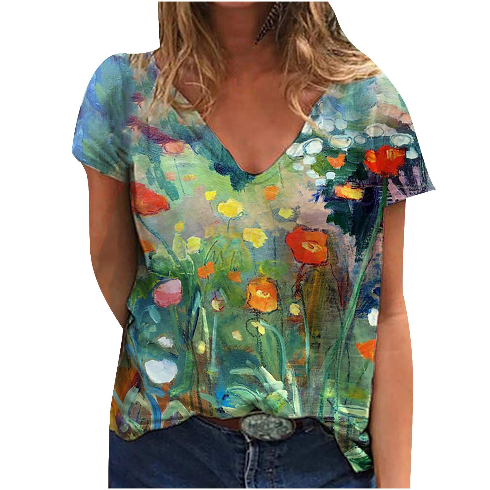Women's Casual Summer V-Neck Short Sleeve Tops - Cute Printed Graphic T-Shirts & Blouses for Everyday Wear | Perfect for Beach Outings, Weekend Brunch & Summer Vacations