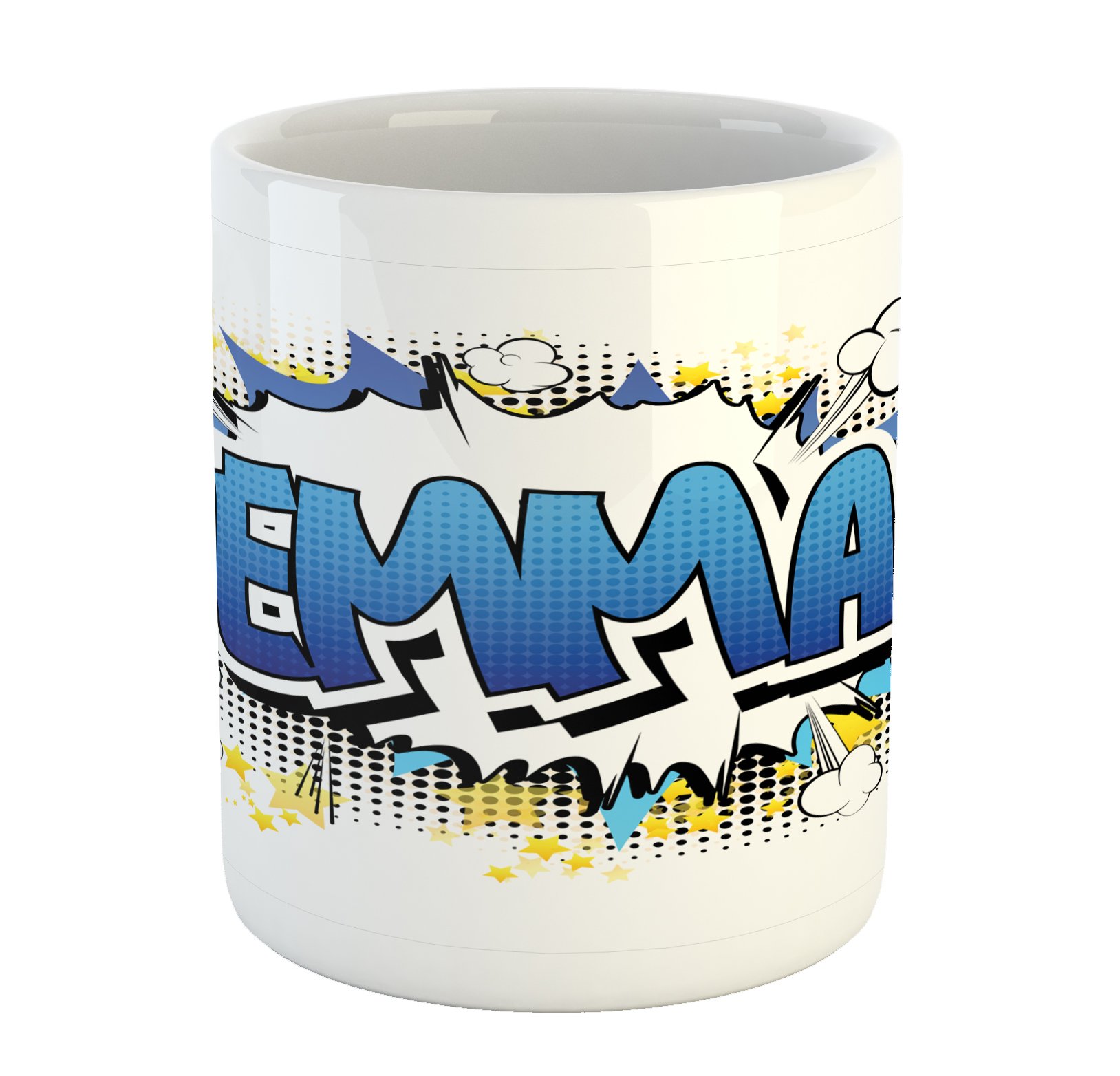 Ambesonne Emma Mug - Cartoon Stars & Burst Design Ceramic Coffee Cup for Teen Girls - 11 oz Yellow & Black - Perfect for Tea, Coffee & Hot Chocolate at School, Dorm or Sleepovers