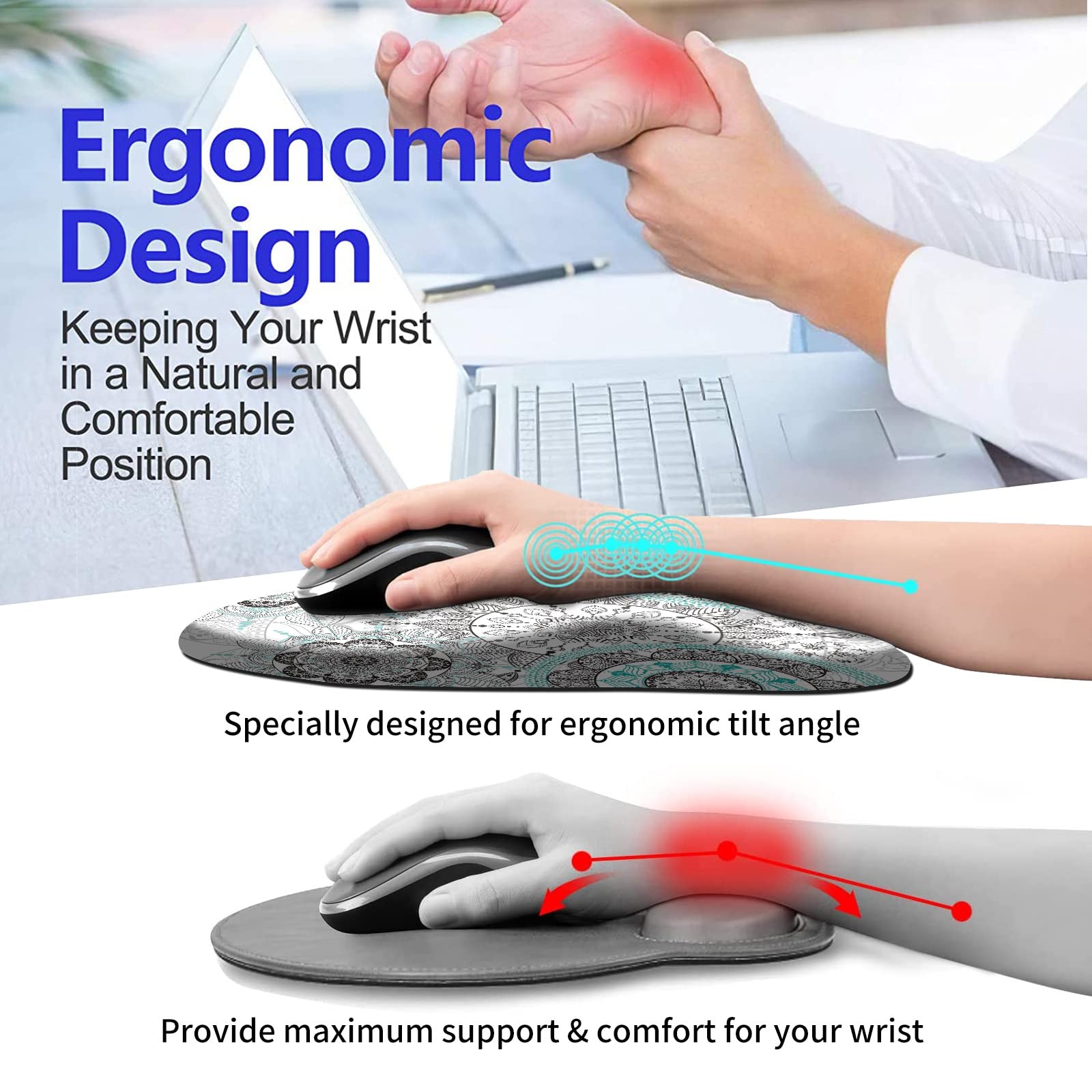 Ergonomic Mouse Pad with Wrist Rest - Thick Non-Slip PU Base for Pain Relief & Carpal Tunnel Support | Includes Cup Coasters | Perfect for Office, Gaming & Home Computer Use | Cyan Mandala Design