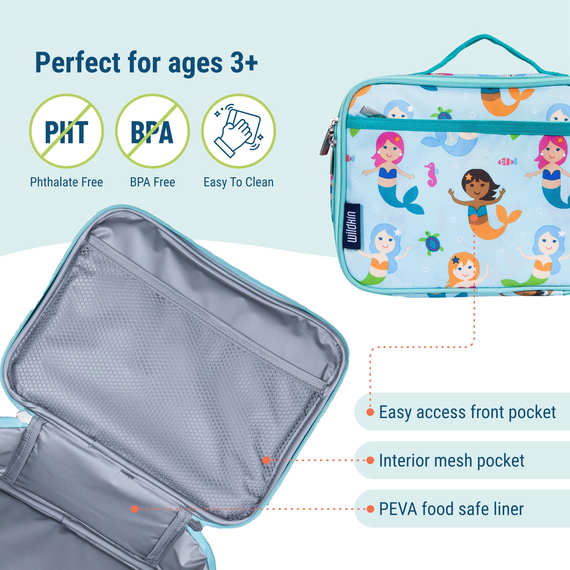 Wildkin Kids Insulated Lunch Box - Leak Proof Reusable Lunch Bag for School, Picnic & Travel - Mermaid Design - Perfect for School Lunches, Beach Trips & Outdoor Adventures