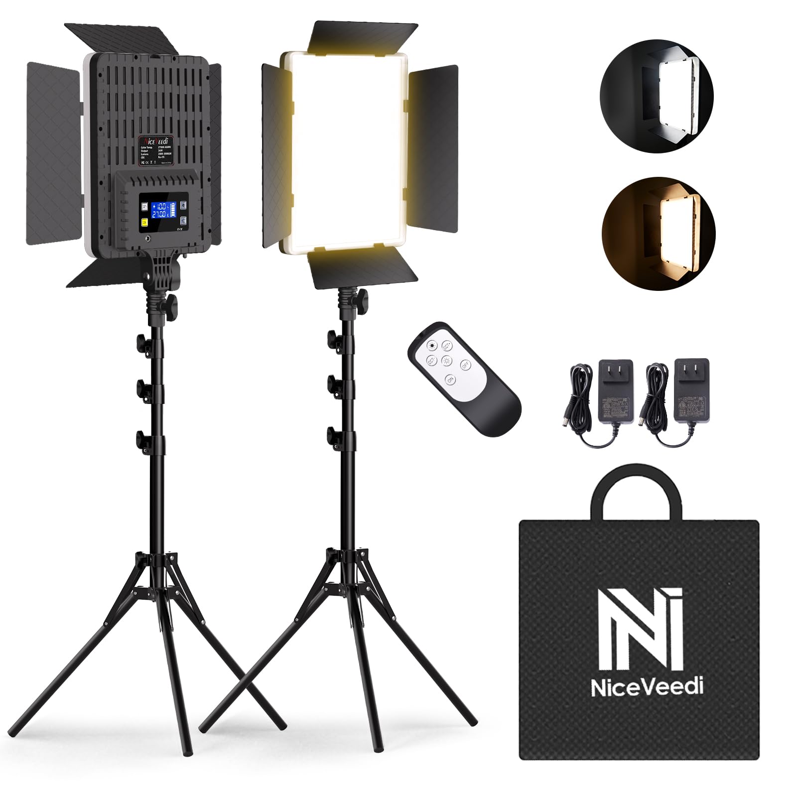 Professional 2-Pack 36W Bi-Color LED Photography Lighting Kit with Remote Control - 2700K-6500K Adjustable Temperature, 95+ CRI, Dimmable Studio Lights & 72