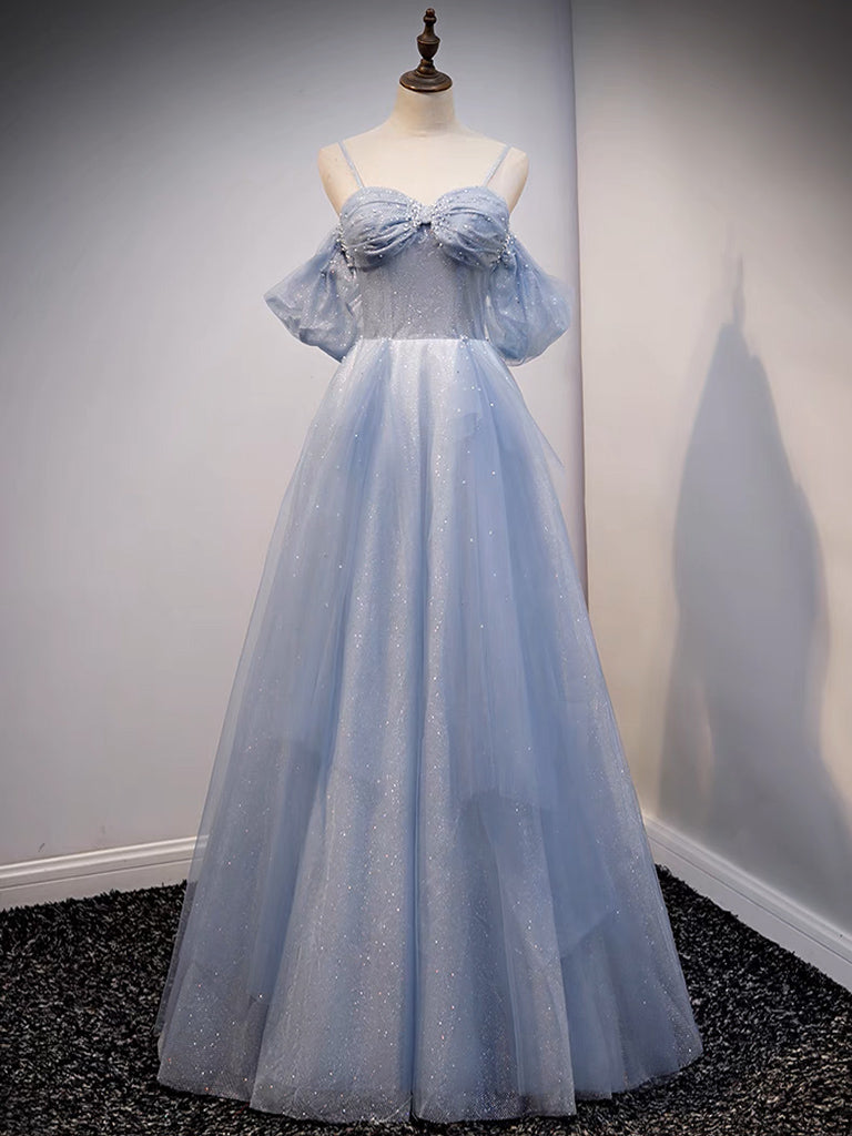 Elegant A-Line Off Shoulder Tulle Dress in Gray Blue - Perfect for Weddings, Parties & Special Occasions