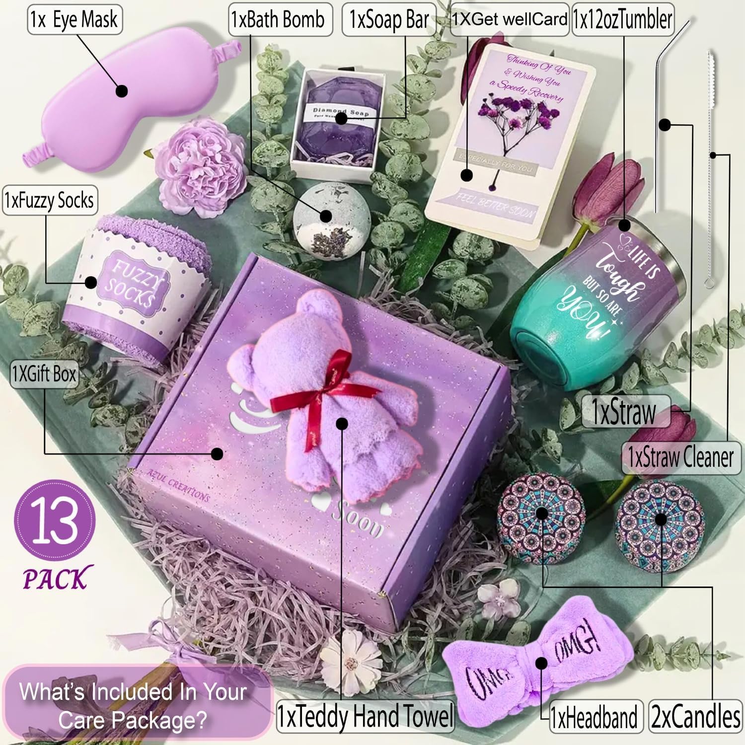 13-Piece Lavender Get Well Soon Gift Basket for Women - Self Care Package for Sick Friend, Mom, Sister - Post Surgery Recovery Gift with Dried Flowers - Perfect for Hospital, Home Care & Speedy Recovery
