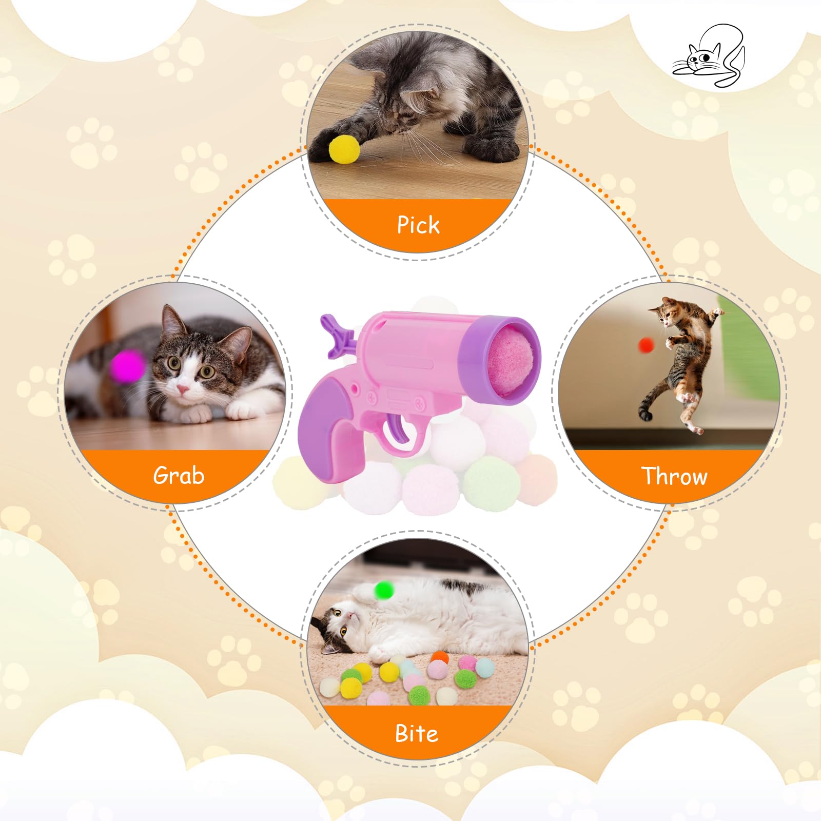 Cat Ball Launcher Toy - 50Pcs Plush Fuzzy Balls with Automatic Fetch Launcher Gun for Indoor Cats | Interactive Kitten Play Toy for Exercise & Boredom Relief | Perfect for Playtime, Training & Bonding with Your Adult Cat