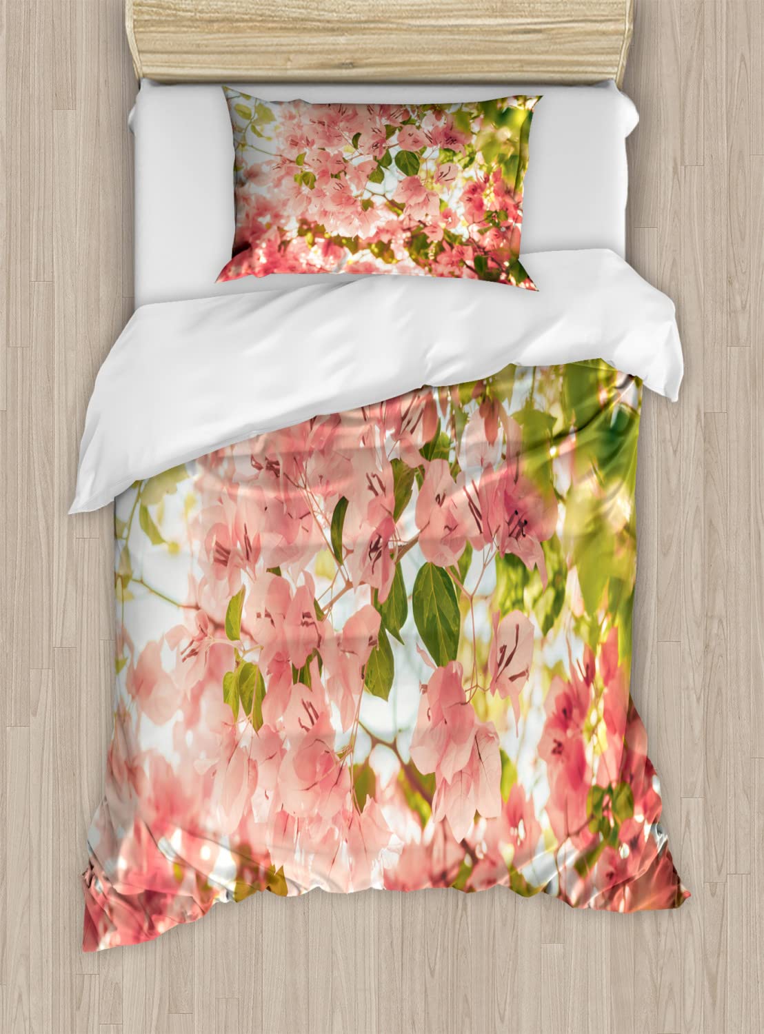 Ambesonne Spring Duvet Cover Set - Bougainvillea Flowers & Sunny Summer Blossoms Nature Design, Twin Size 2-Piece Bedding Set with 2 Pillowcases (Pale Pink & Olive Green) | Perfect for Guest Rooms, Vacation Homes & Bohemian Bedroom Decor