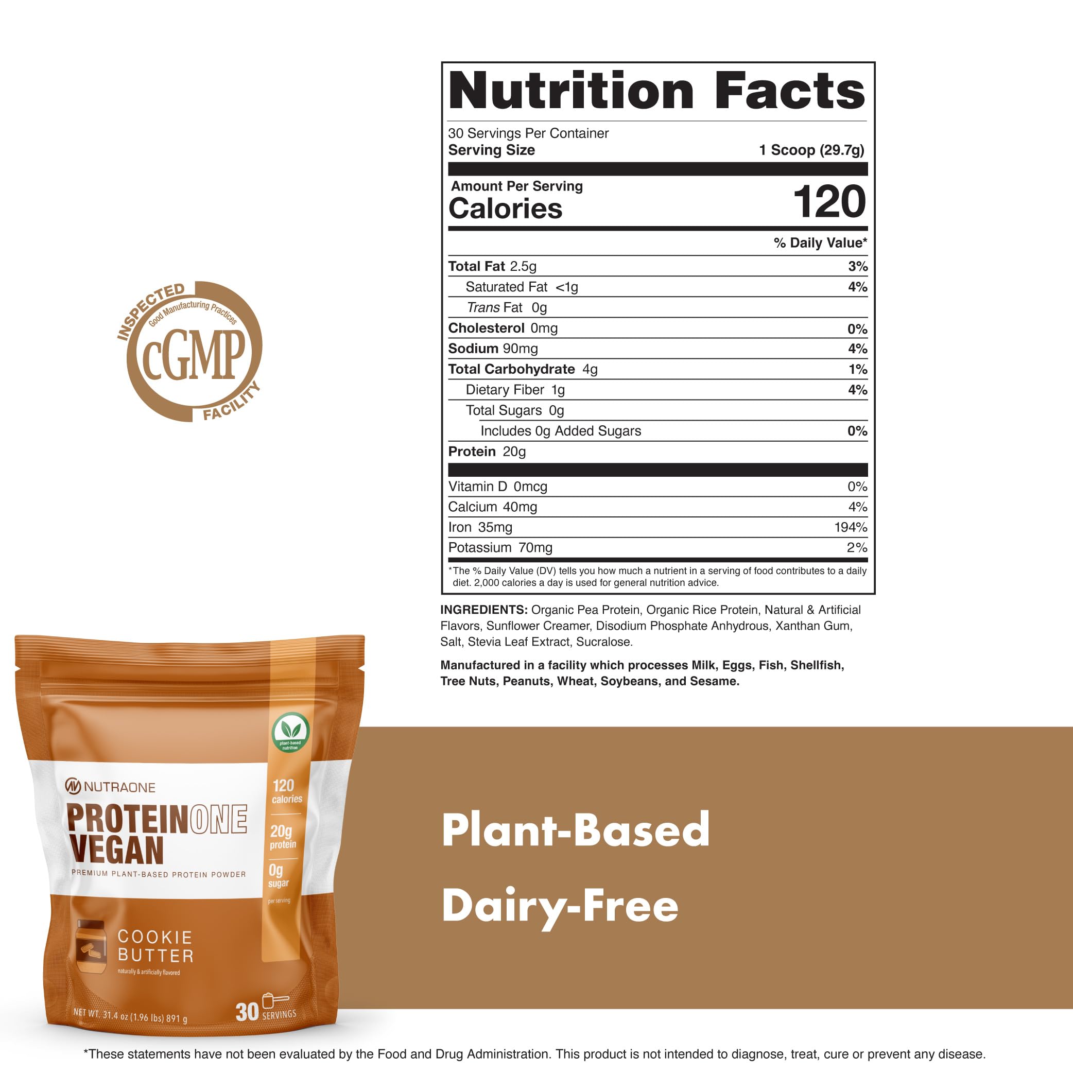 NutraOne ProteinOne Vegan Plant-Based Protein Powder - Dairy-Free Pea & Rice Protein Blend (30 Servings, Cookie Butter Flavor) for Post-Workout Recovery & Healthy Smoothies