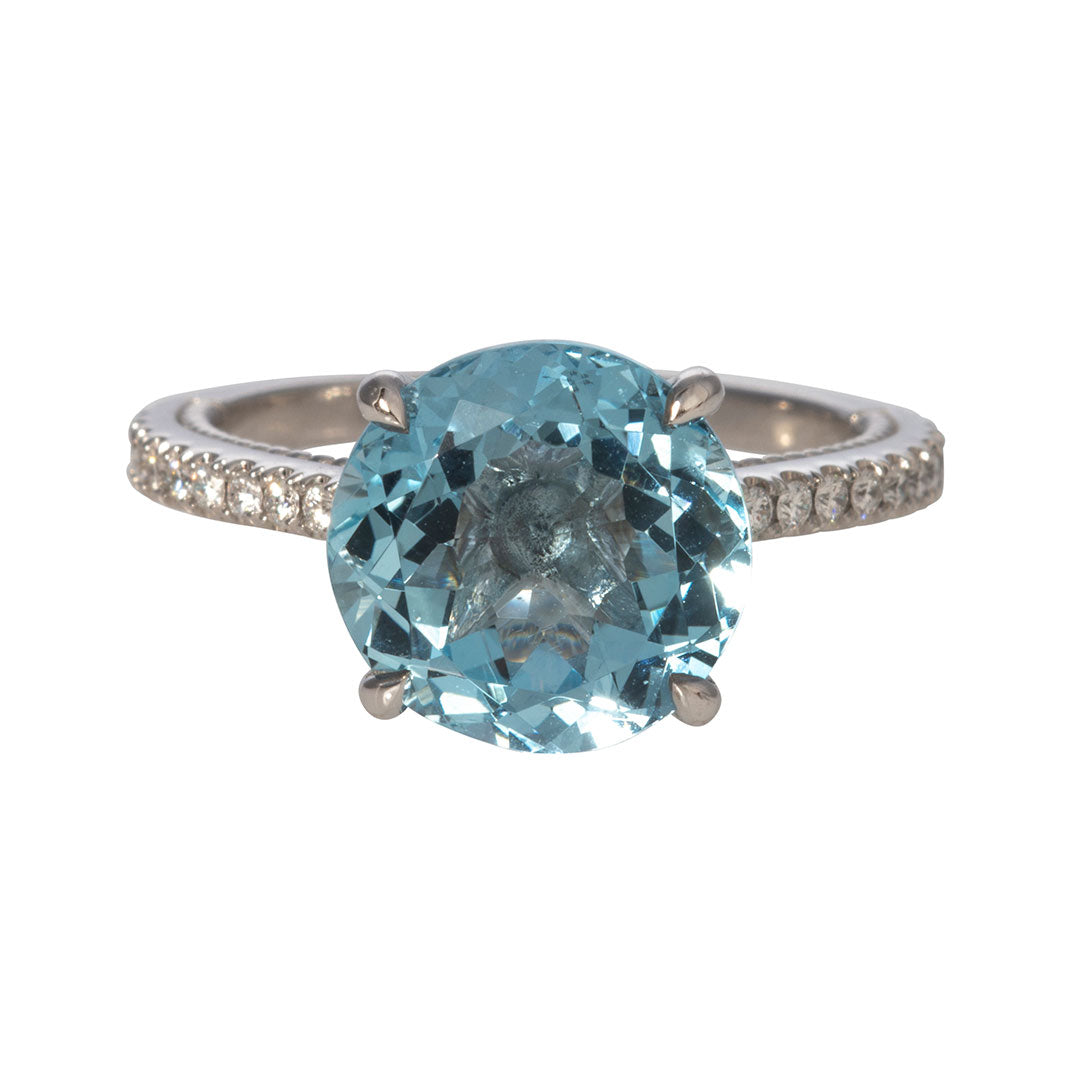 3.68ct Round Aquamarine & Diamond Pavé Platinum Ring - Elegant Engagement, Wedding, Anniversary Jewelry Gift for Her