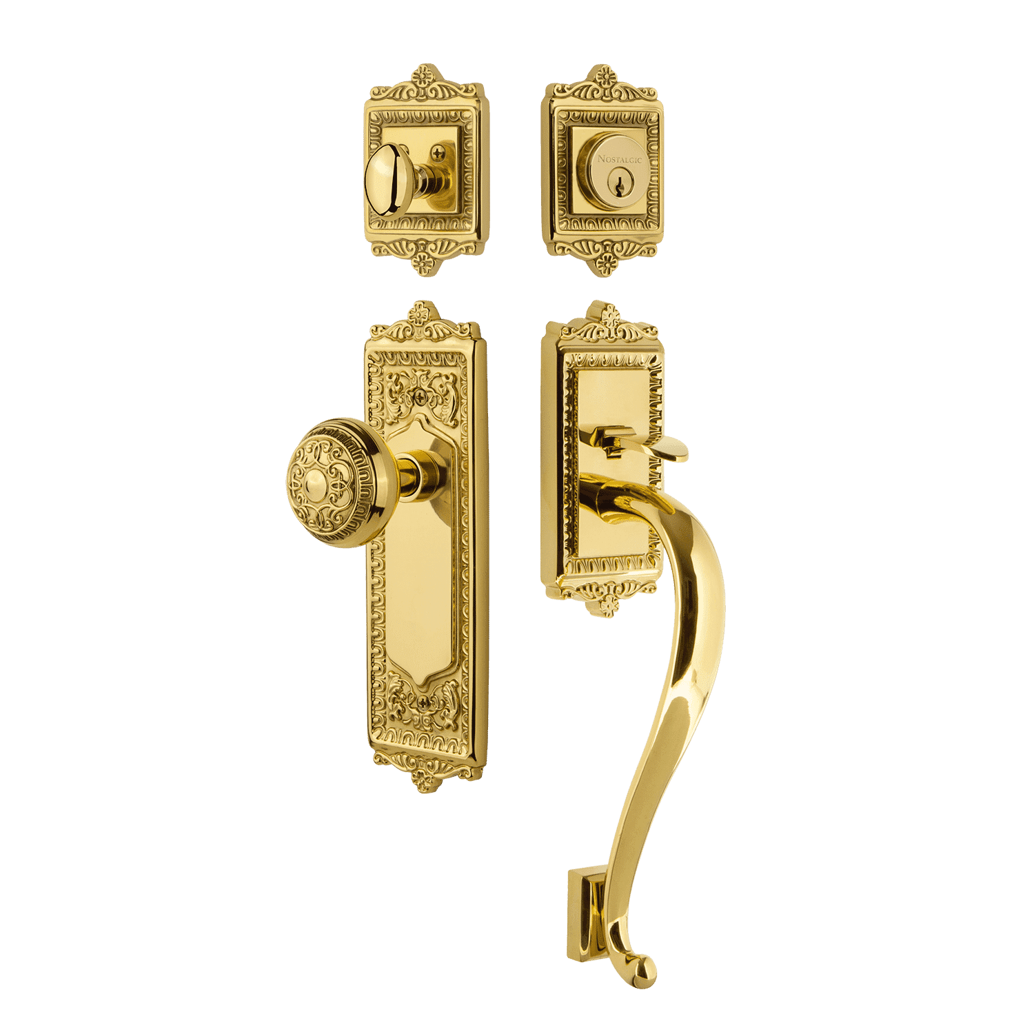 Polished Brass Egg & Dart Door Handleset with S Grip, Long Plate & Knob - Vintage Style Hardware for Traditional Homes & Historic Renovations