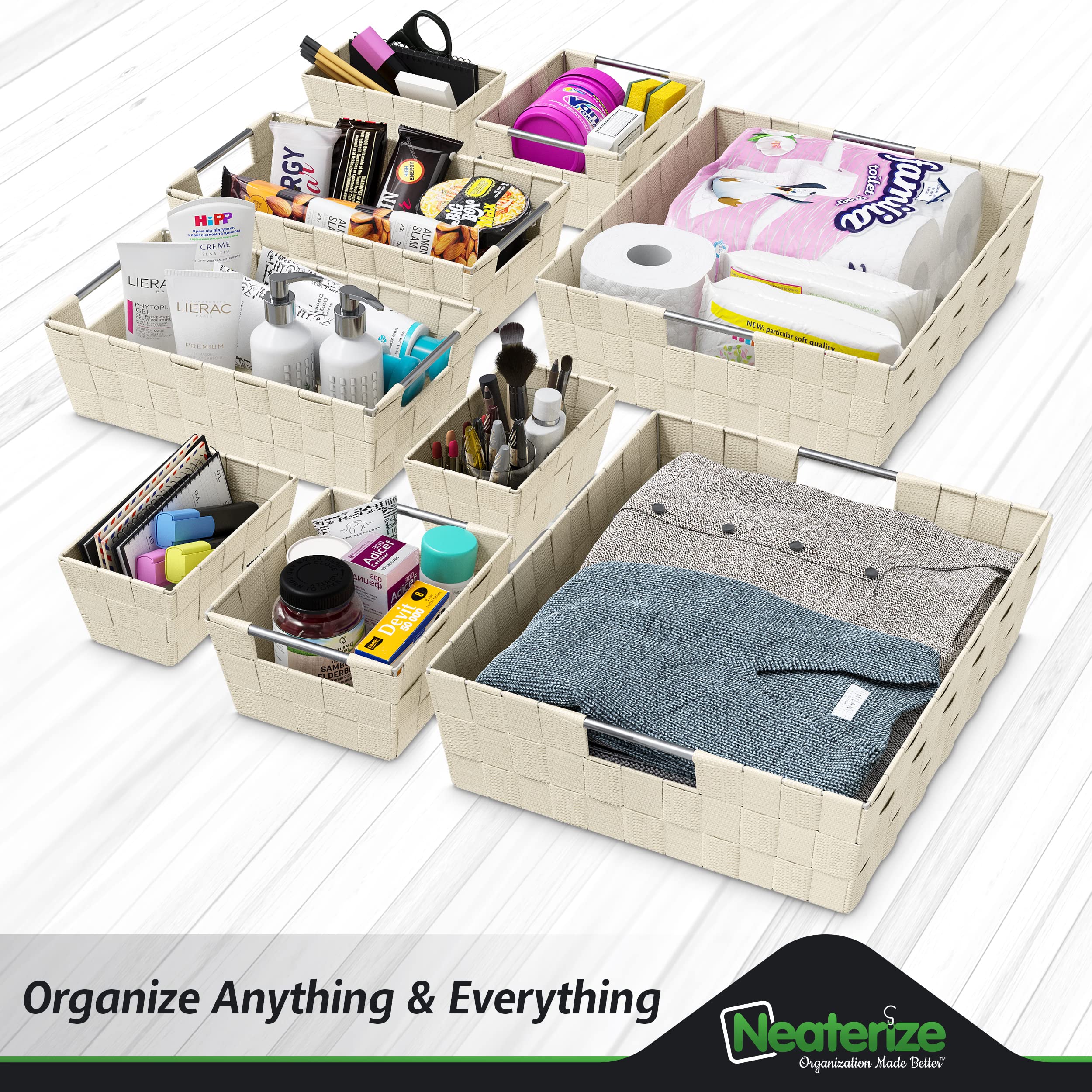 9-Piece Cream Storage Basket Set - Organizing Bins for Shelves, Closet, Bathroom & Pantry - Small Woven Storage Baskets for Home Organization (Perfect for Bedroom, Laundry Room & Kids' Room)