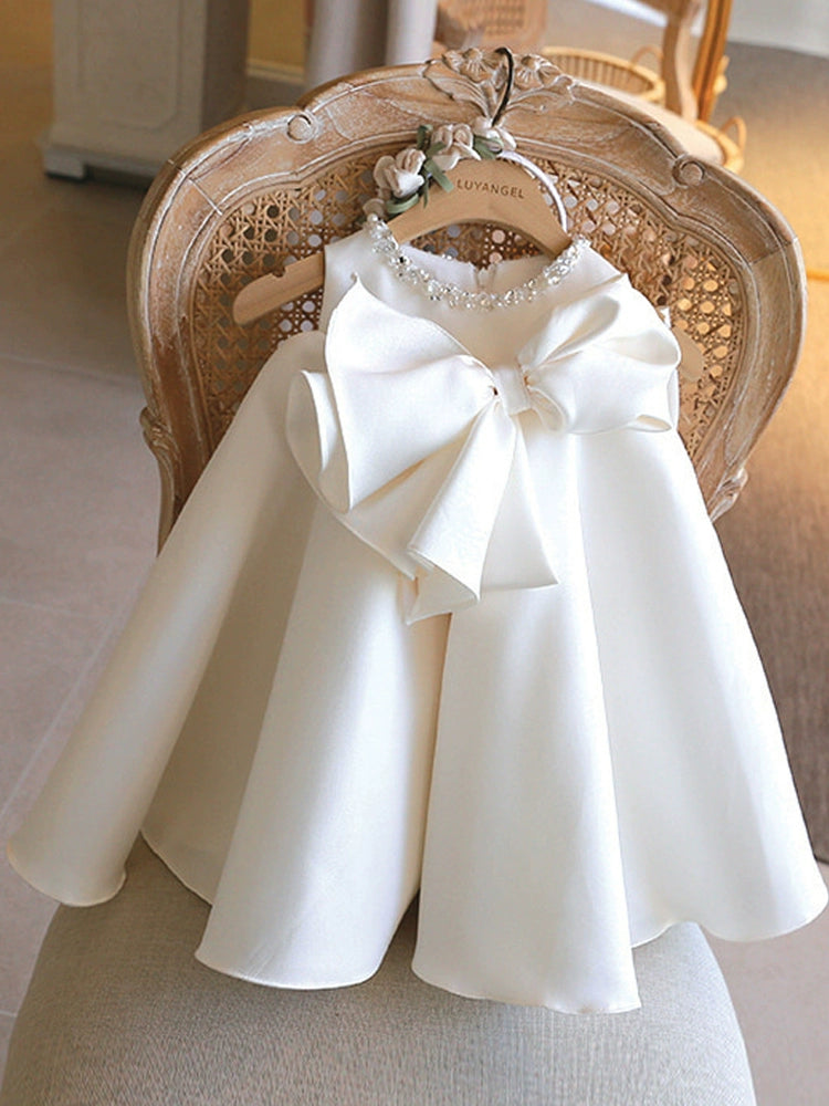 White Princess Round Tea Length Satin Flower Girl Dress for Weddings & Special Occasions