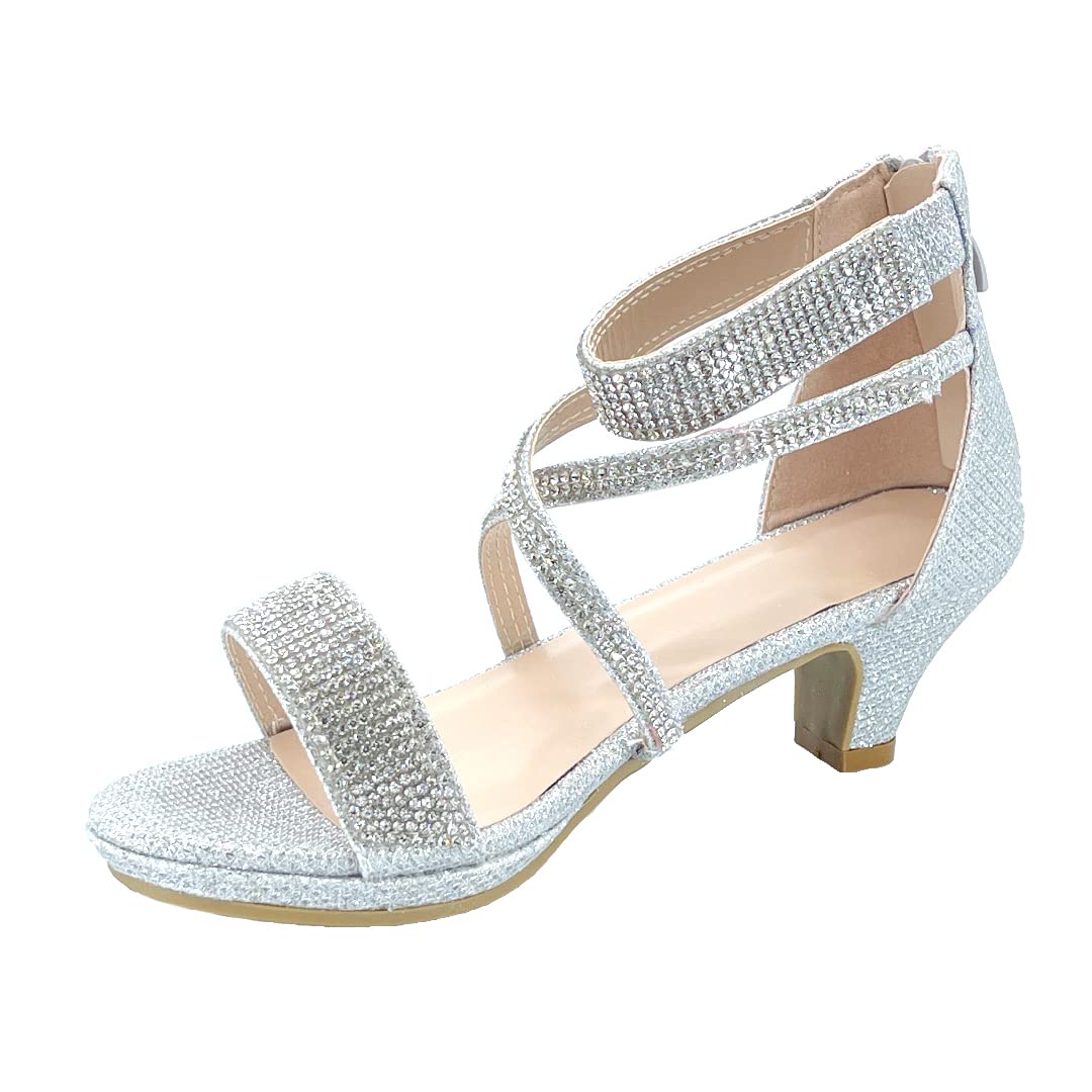 ABSOLEX Girls' Dressy Rhinestone Cross-Strap Open-Toe Low Heel Sandals - Toddler/Little Kid/Big Kid Sizes - Perfect for Weddings, Parties & Special Occasions