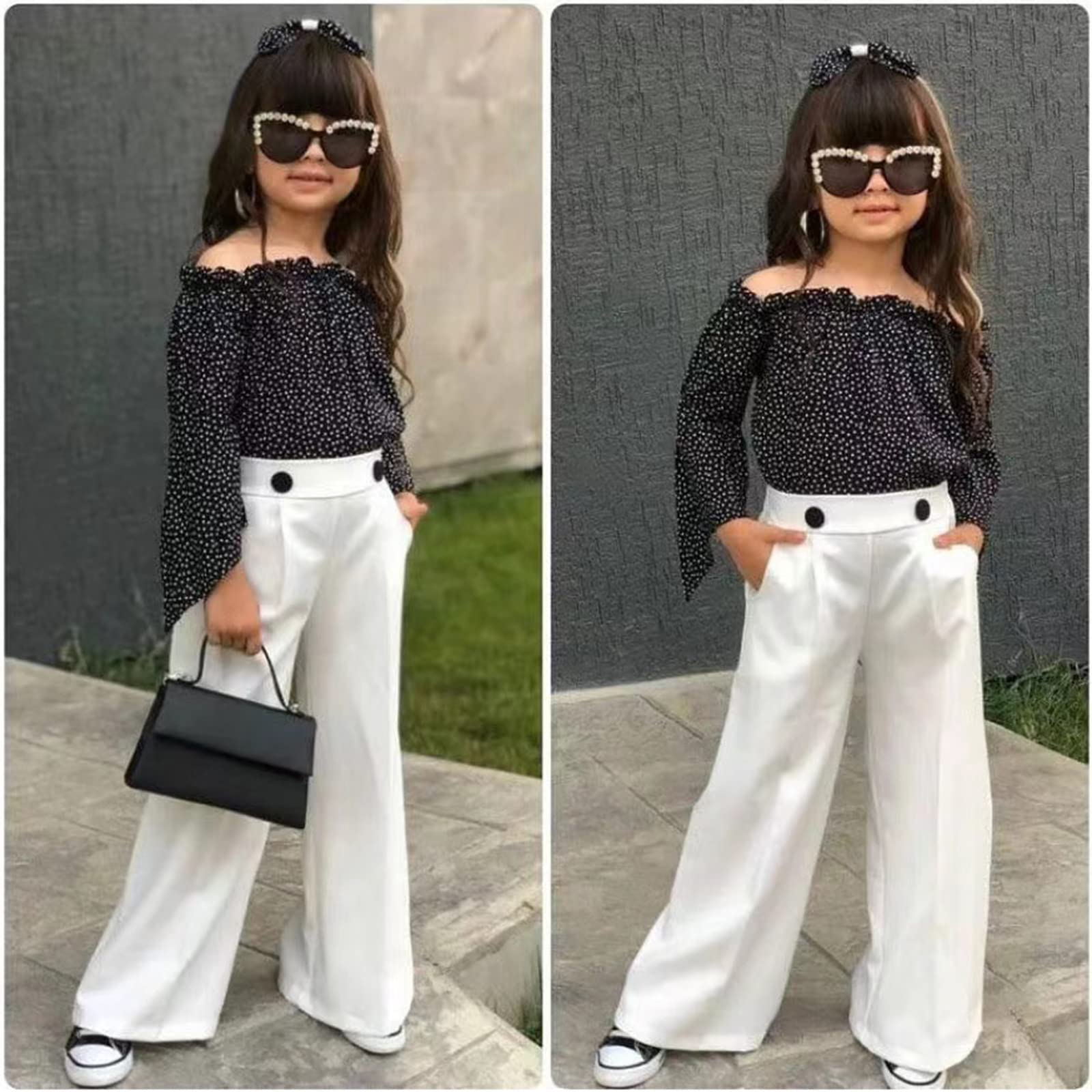 Toddler Girls Long Sleeve Chiffon Dot Off Shoulder Top & Pants Outfit Set - Cute Baby Clothes for 1-3 Year Olds - Perfect for Birthday Parties, Photo Shoots & Special Occasions