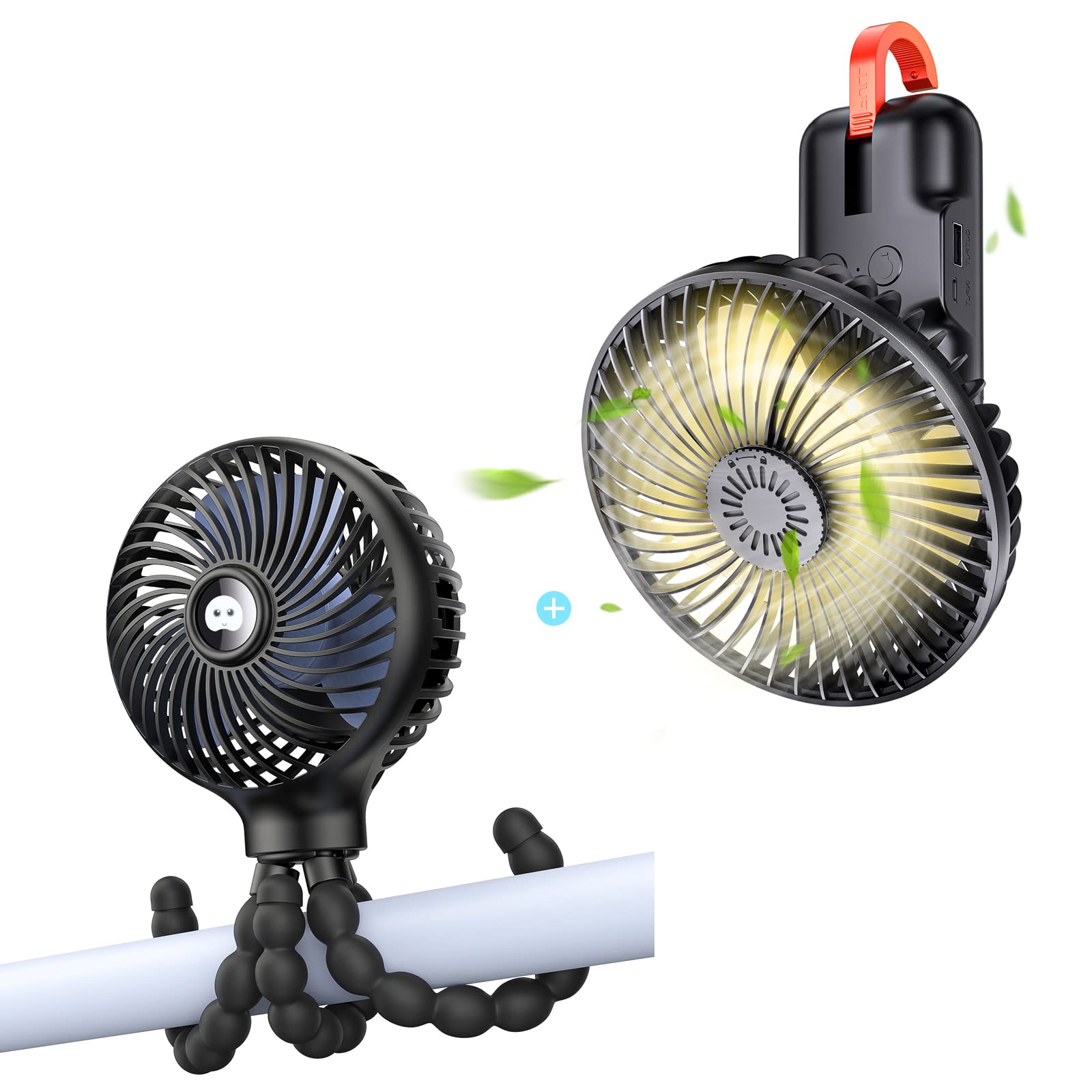 SMARTDEVIL 2 Pack Portable Rechargeable Fans - 180° Rotating Stroller Fan & Camping Fan with LED Lights, Hanging Hook & Power Bank - Perfect for Travel, Camping, RV, Picnic, Baby Stroller & Outdoor Adventures