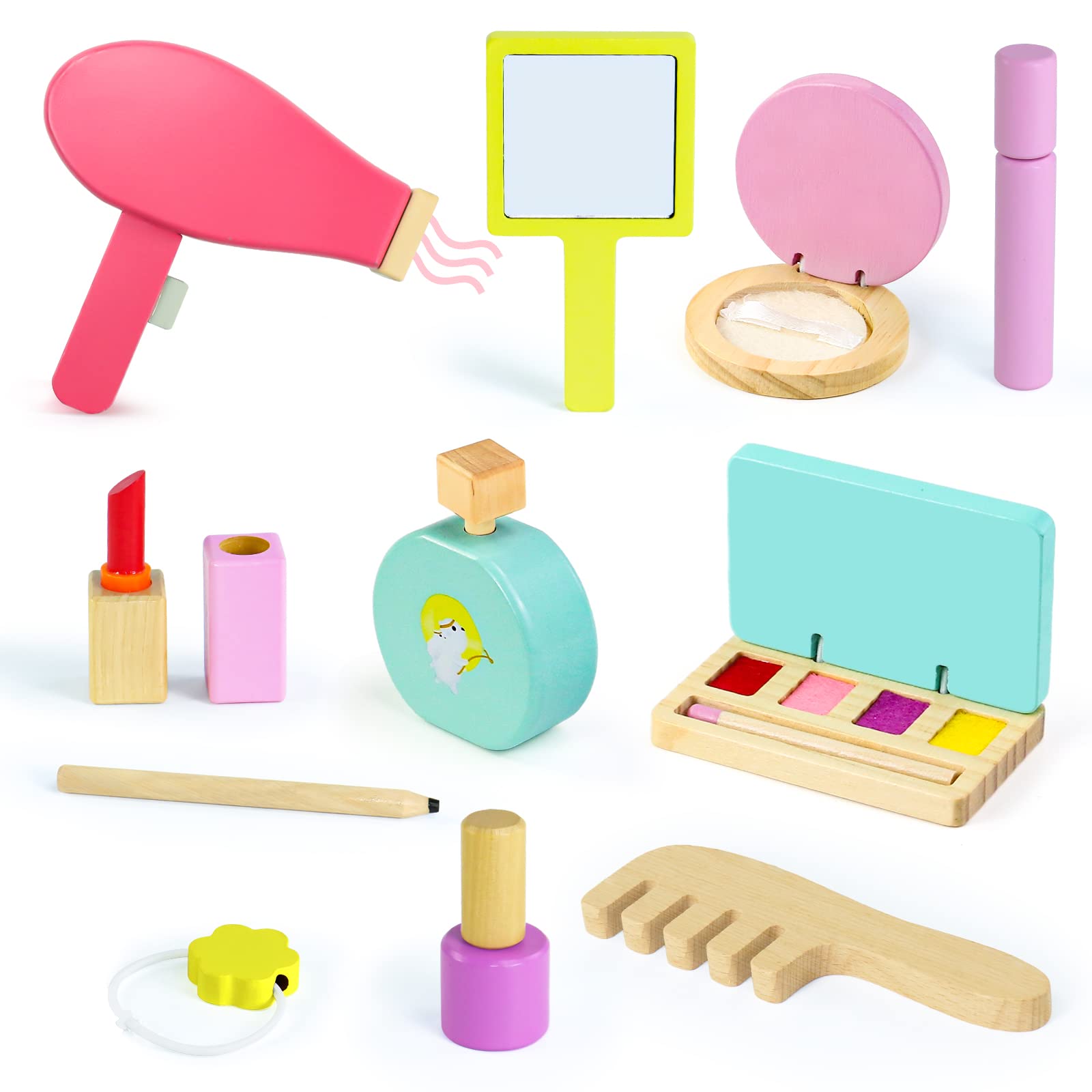 Jerryvon Kids Makeup Toy Set - 16pcs Wooden Cosmetic Role Play for Girls & Boys 3-5 Years, Easter Gift for Pretend Play