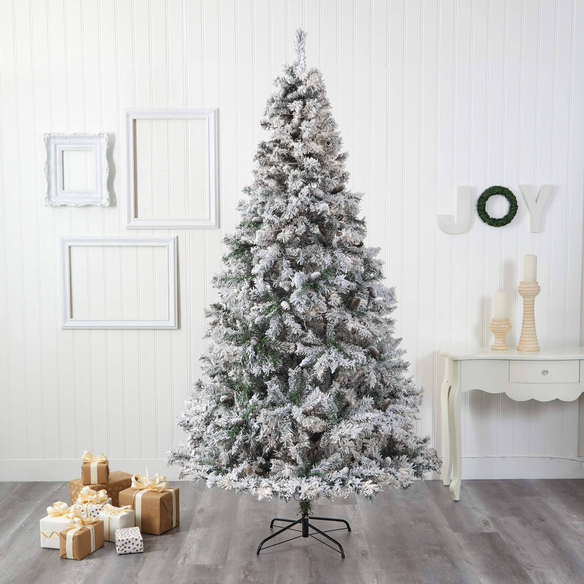 Nearly Natural 8ft Flocked White River Mountain Pine Artificial Christmas Tree with Pinecones - Perfect for Holiday Home Decor, Office, and Christmas Party Decoration