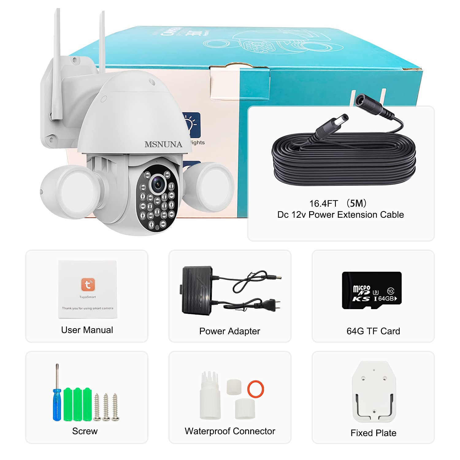 64GB Card Included - MSNUNA 3MP Ultra HD Outdoor Security Camera with Floodlight, 355° Pan Tilt View, Motion Detection, 2.4G WiFi, Color Night Vision, PTZ, Two-Way Audio, Weatherproof - Ideal for Home Security, Backyard Monitoring & Business Protection