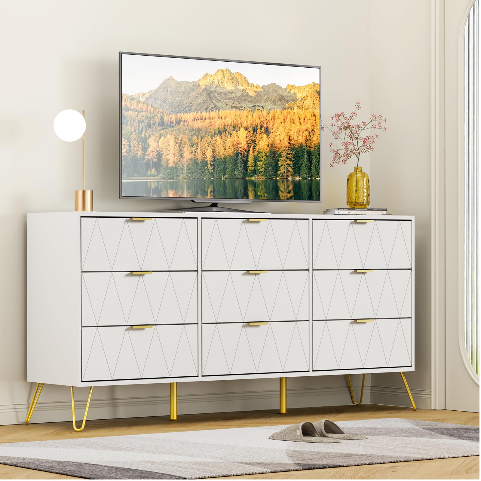 Anbuy 9-Drawer Dresser and Nightstand Set for Bedroom - 3-Piece White Wooden Storage Combo with 2 Nightstands | Perfect for Master Bedroom, Guest Room & Apartment Furniture