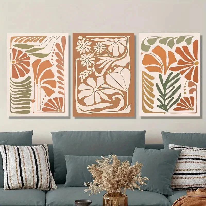 3-Piece Abstract Botanical Flower Metal Wall Art Prints - Ready to Hang Home Decor for Living Room, Bedroom & Office - Modern Floral Canvas Painting for Housewarming Gift