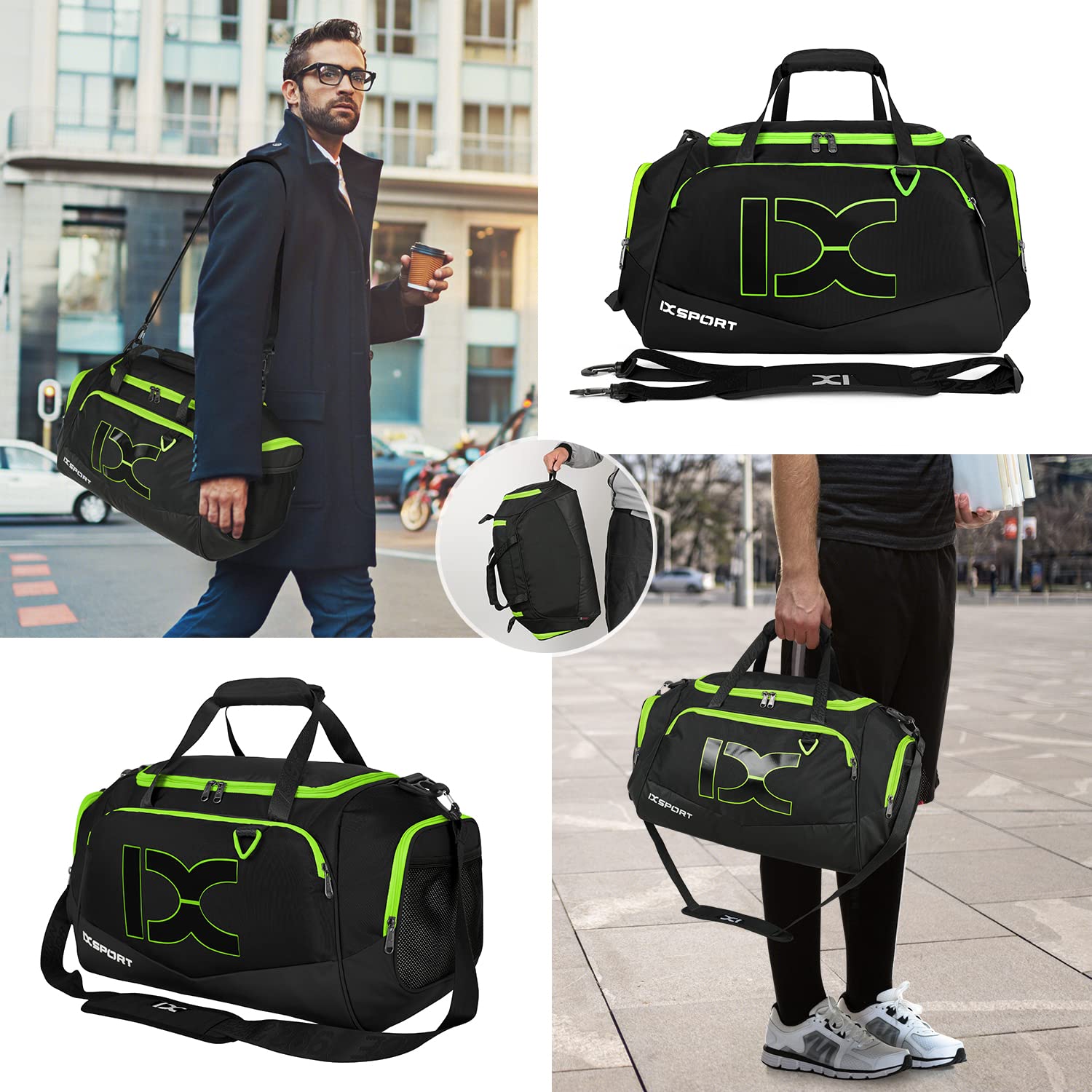 INOXTO 40L/55L Waterproof Gym Duffel Bag for Men & Women - Sports Travel Backpack with Wet/Dry Pocket & Shoe Compartment - Ideal for Fitness, Swimming, Workout & Weekend Trips (Black Green, 40L)