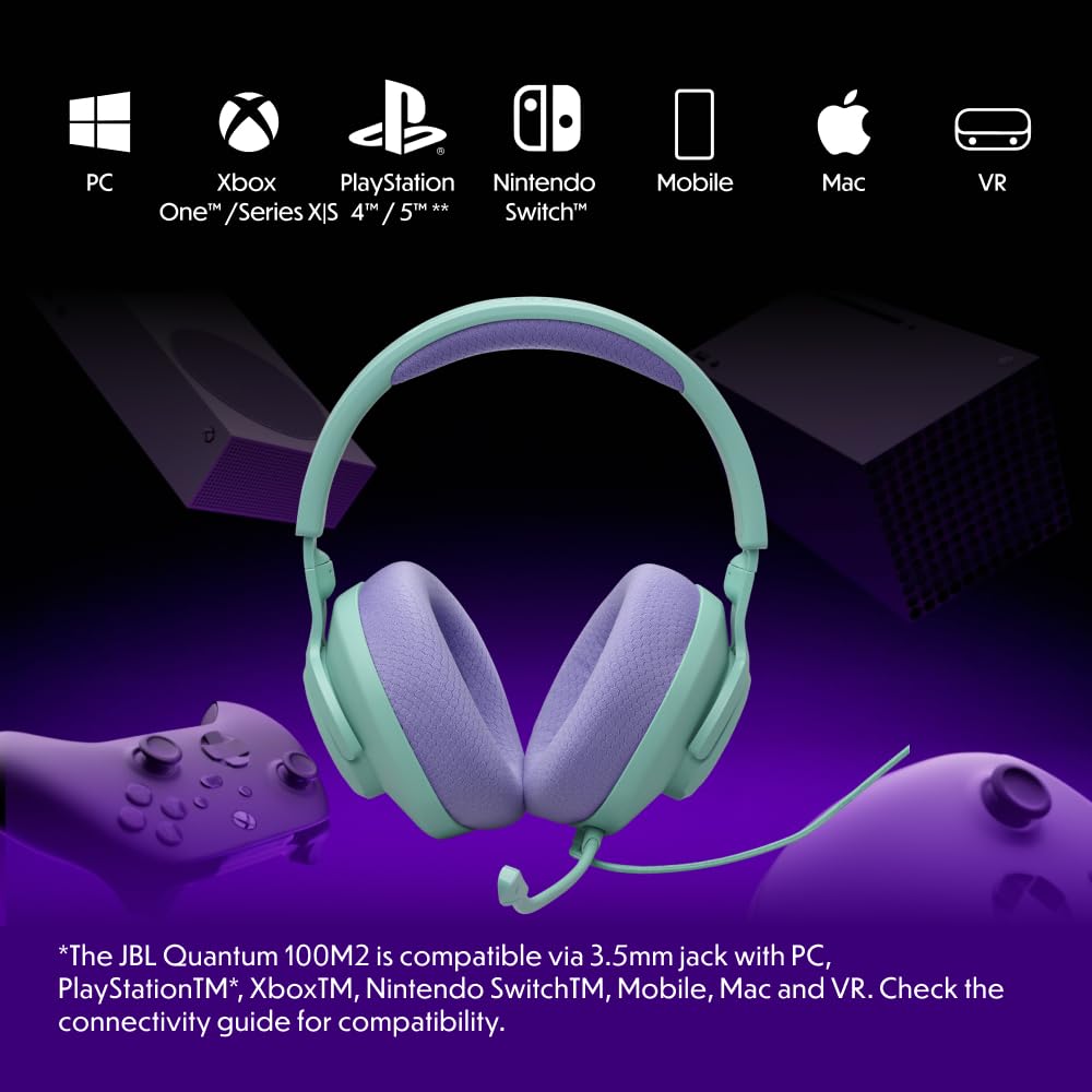 JBL Quantum 100M2 Wired Over-Ear Gaming Headset with QuantumSOUND - Detachable Mic & Multi-Platform 3.5mm Jack (PC, PS4, Xbox, Mobile) for Immersive Gaming & Online Meetings - Cyan