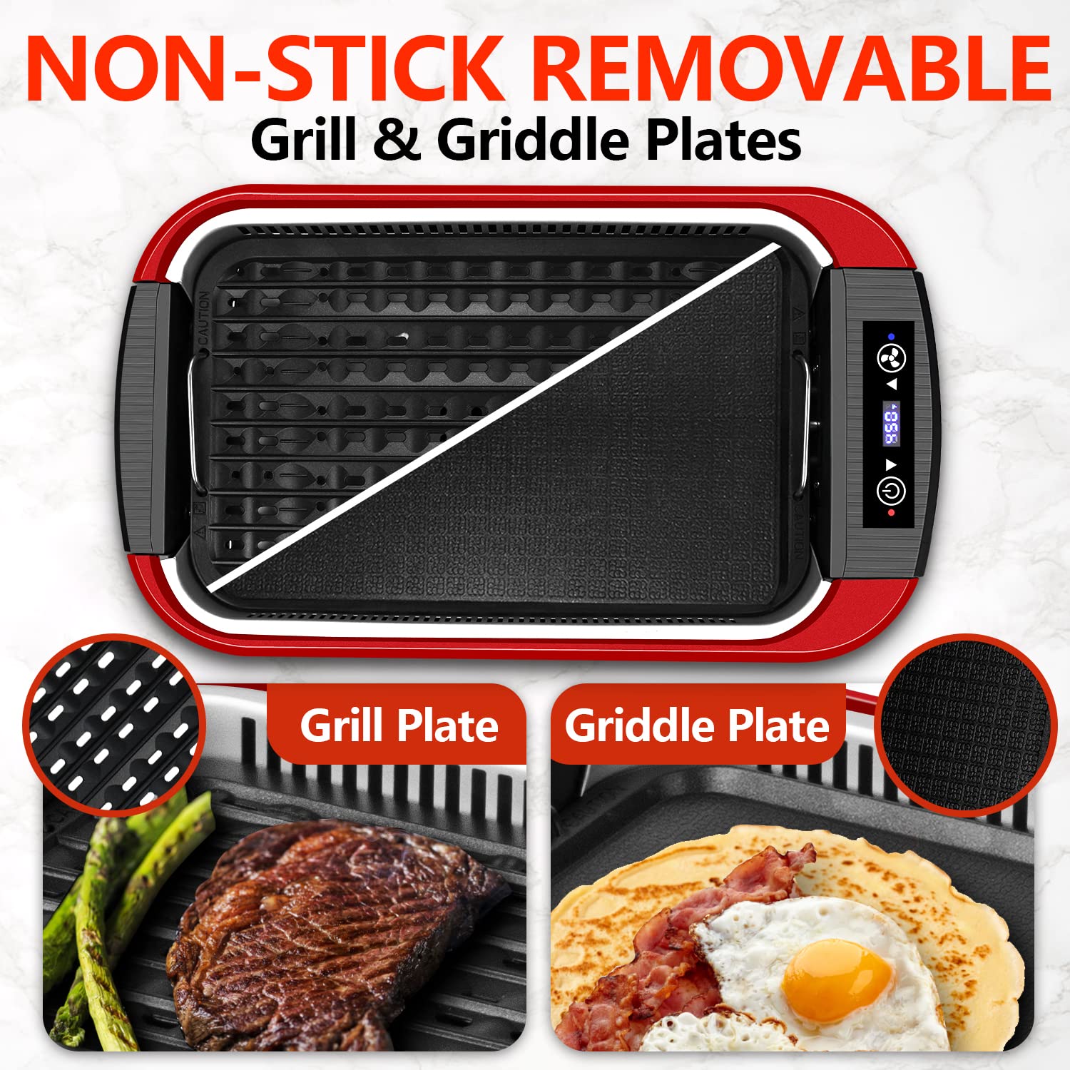CUSIMAX 1500W Electric Indoor Smokeless Grill - Korean BBQ Griddle with LED Smart Display, Tempered Glass Lid & Non-Stick Removable Plates (Red) - Perfect for Home Cooking, Family Gatherings & Healthy Meals